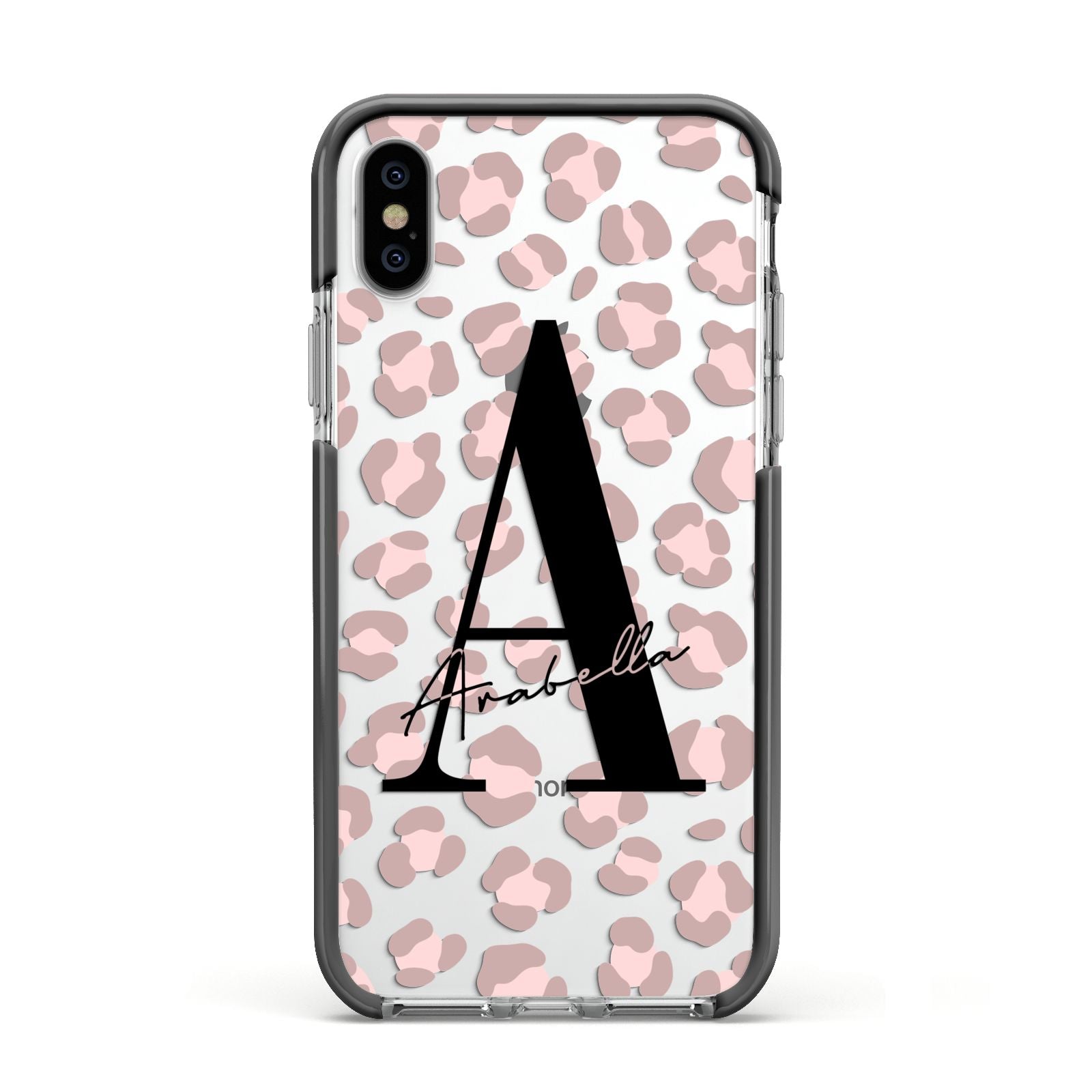 Personalised Nude Pink Leopard Apple iPhone Xs Impact Case Black Edge on Silver Phone