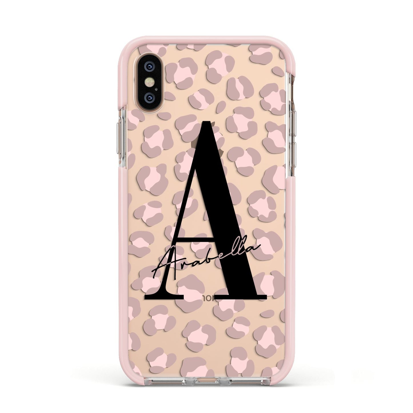 Personalised Nude Pink Leopard Apple iPhone Xs Impact Case Pink Edge on Gold Phone