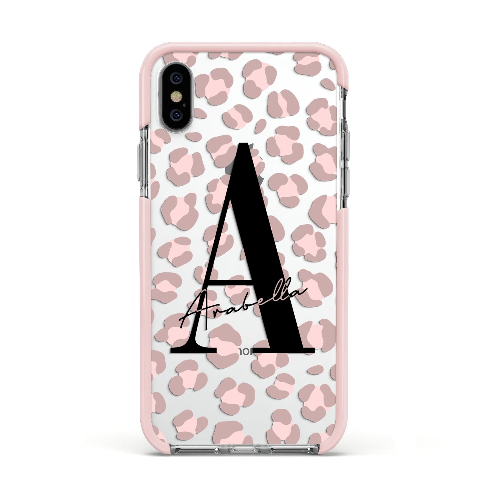 Personalised Nude Pink Leopard Apple iPhone Xs Impact Case Pink Edge on Silver Phone