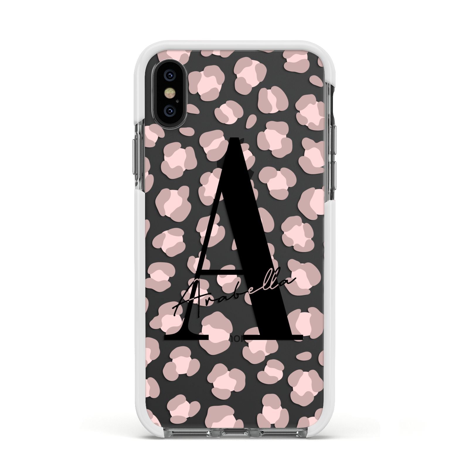Personalised Nude Pink Leopard Apple iPhone Xs Impact Case White Edge on Black Phone