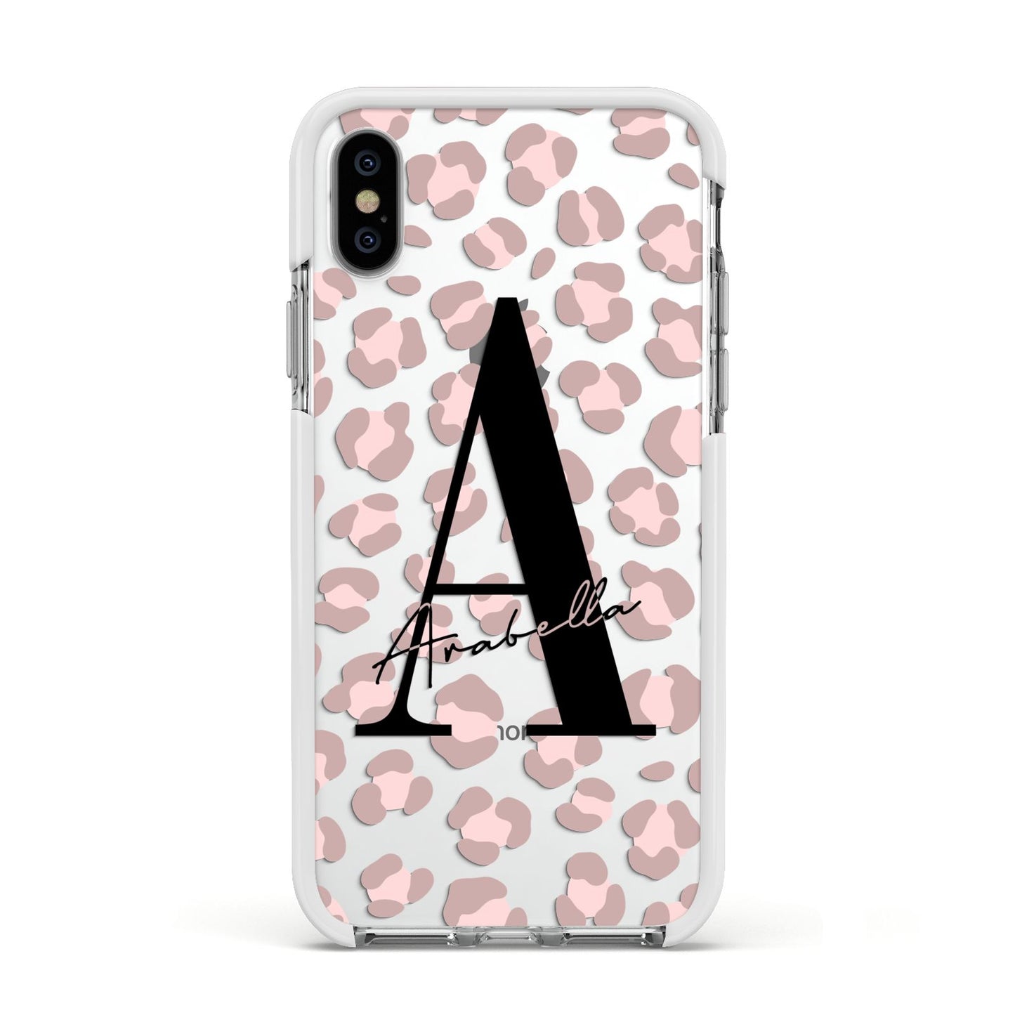 Personalised Nude Pink Leopard Apple iPhone Xs Impact Case White Edge on Silver Phone
