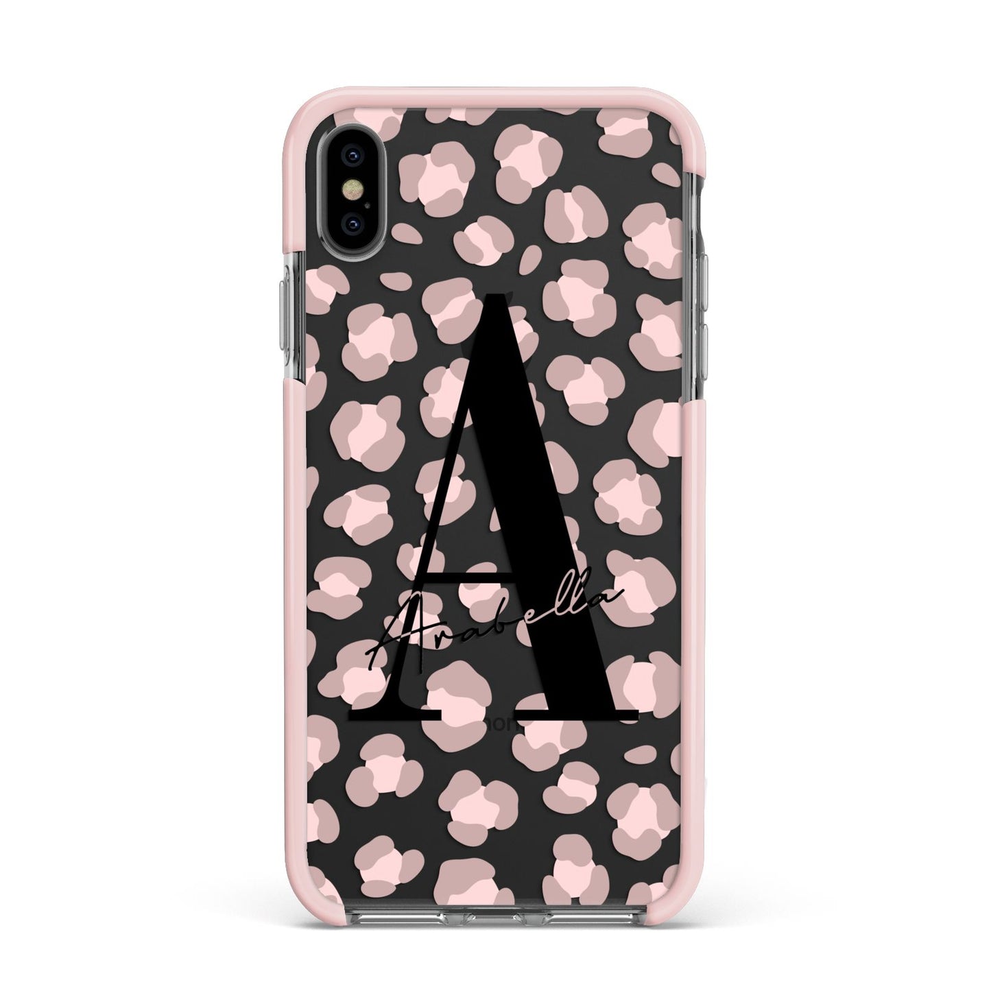 Personalised Nude Pink Leopard Apple iPhone Xs Max Impact Case Pink Edge on Black Phone