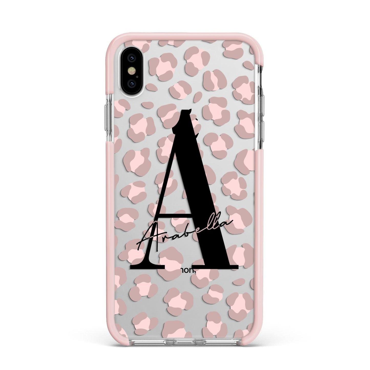 Personalised Nude Pink Leopard Apple iPhone Xs Max Impact Case Pink Edge on Silver Phone