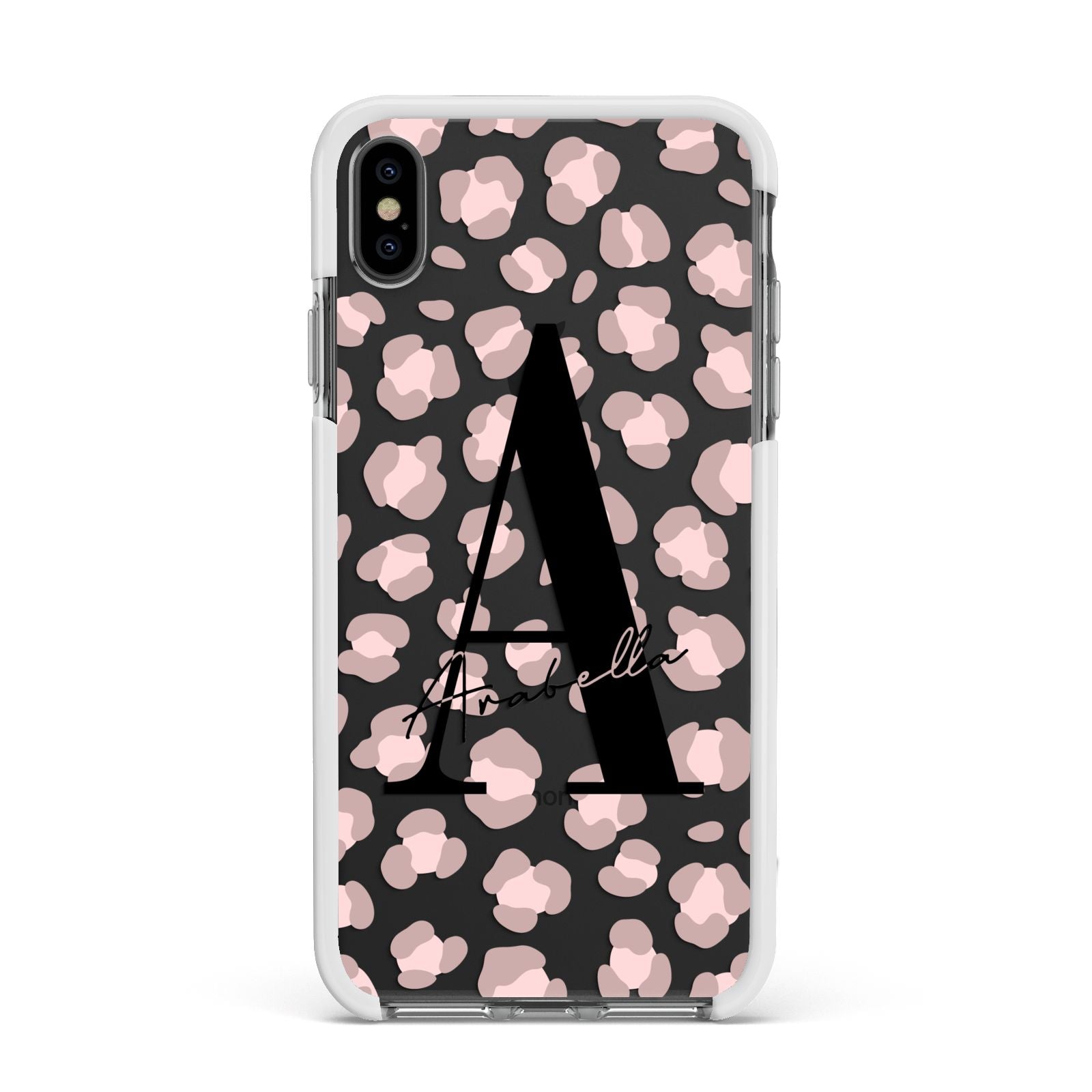 Personalised Nude Pink Leopard Apple iPhone Xs Max Impact Case White Edge on Black Phone