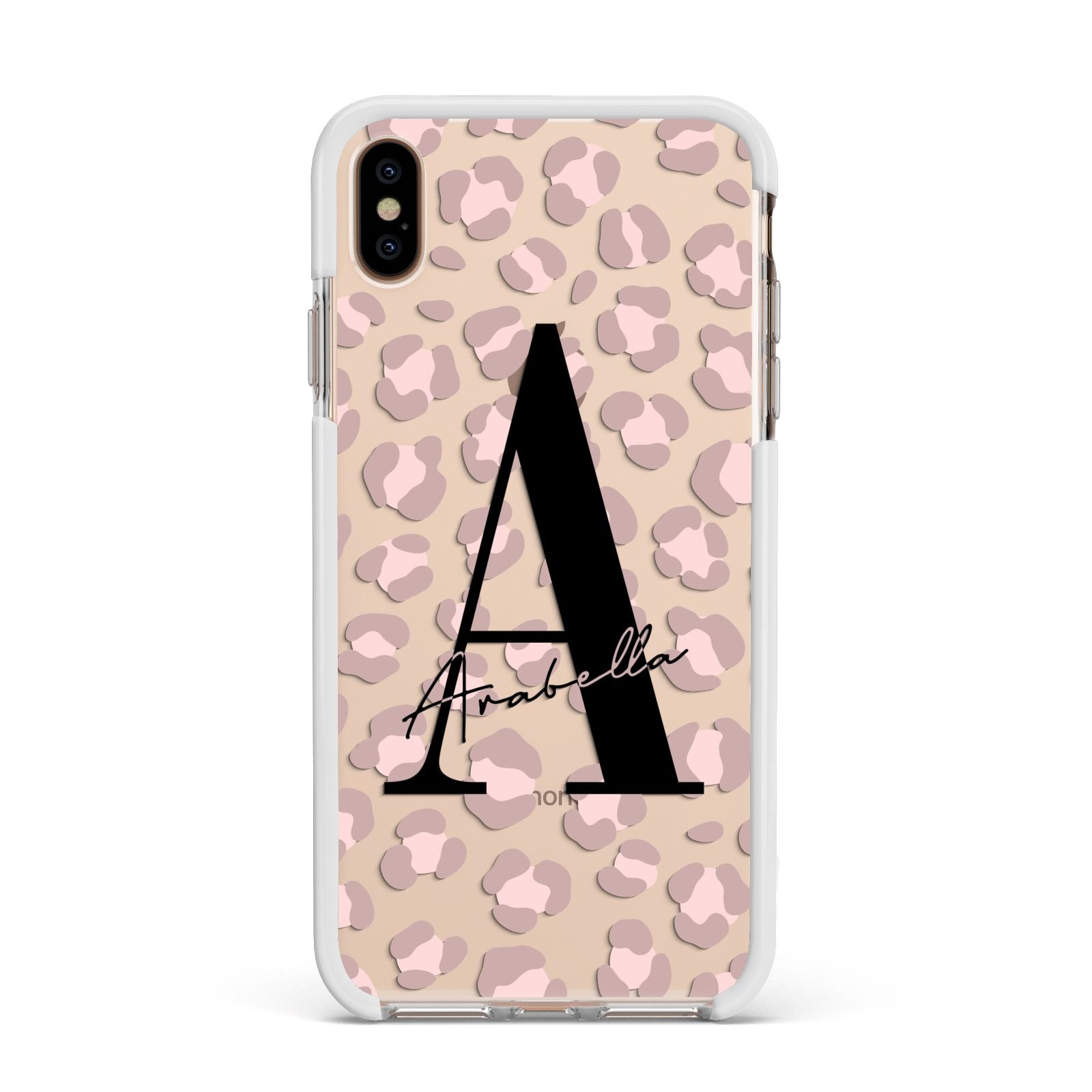 Personalised Nude Pink Leopard Apple iPhone Xs Max Impact Case White Edge on Gold Phone