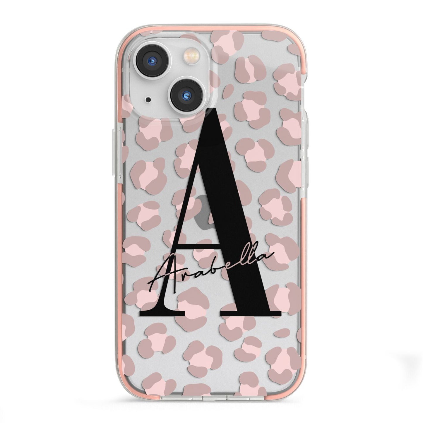 Personalised Nude Pink Leopard iPhone 13 Mini TPU Impact Case with Pink Edges