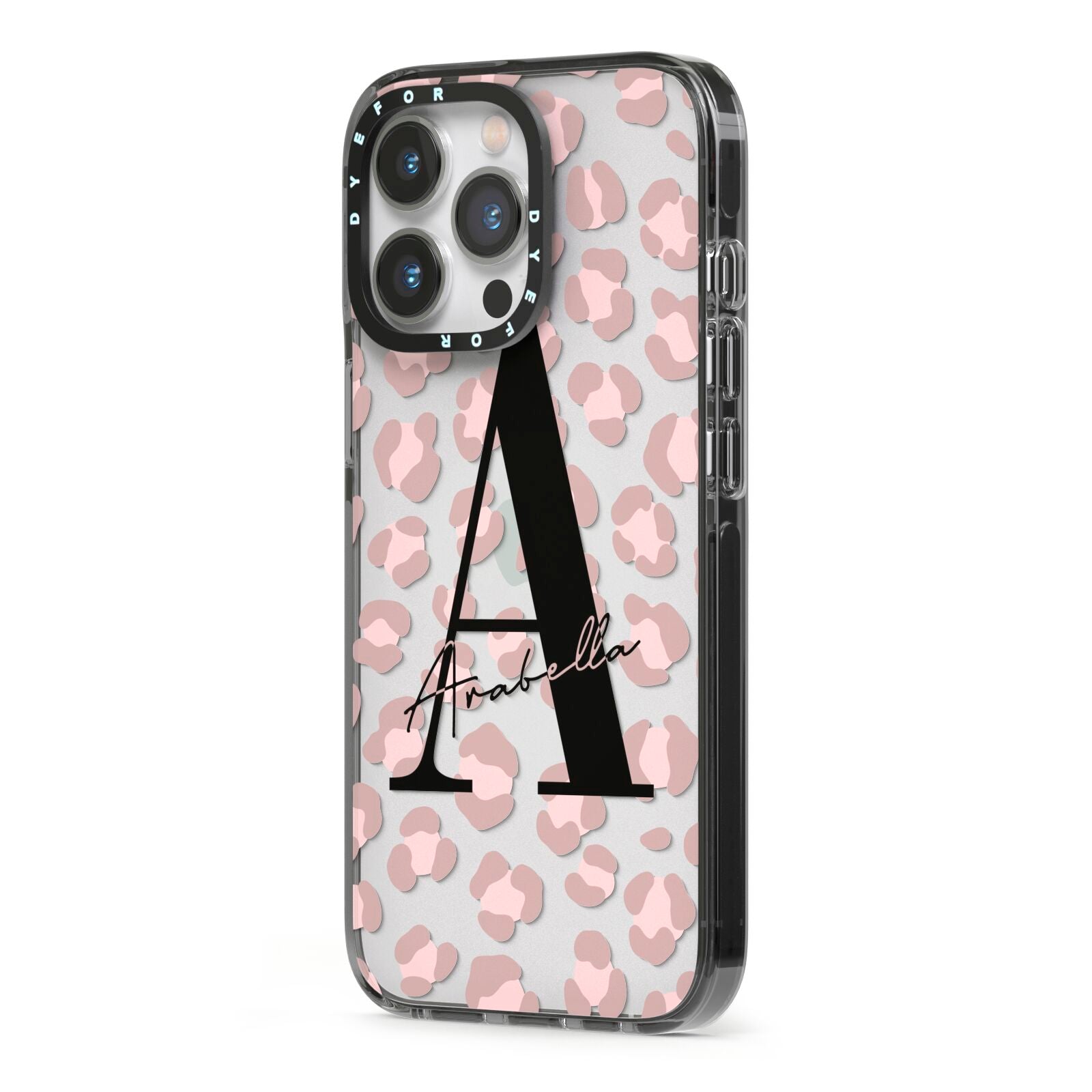 Personalised Nude Pink Leopard iPhone 13 Pro Black Impact Case Side Angle on Silver phone