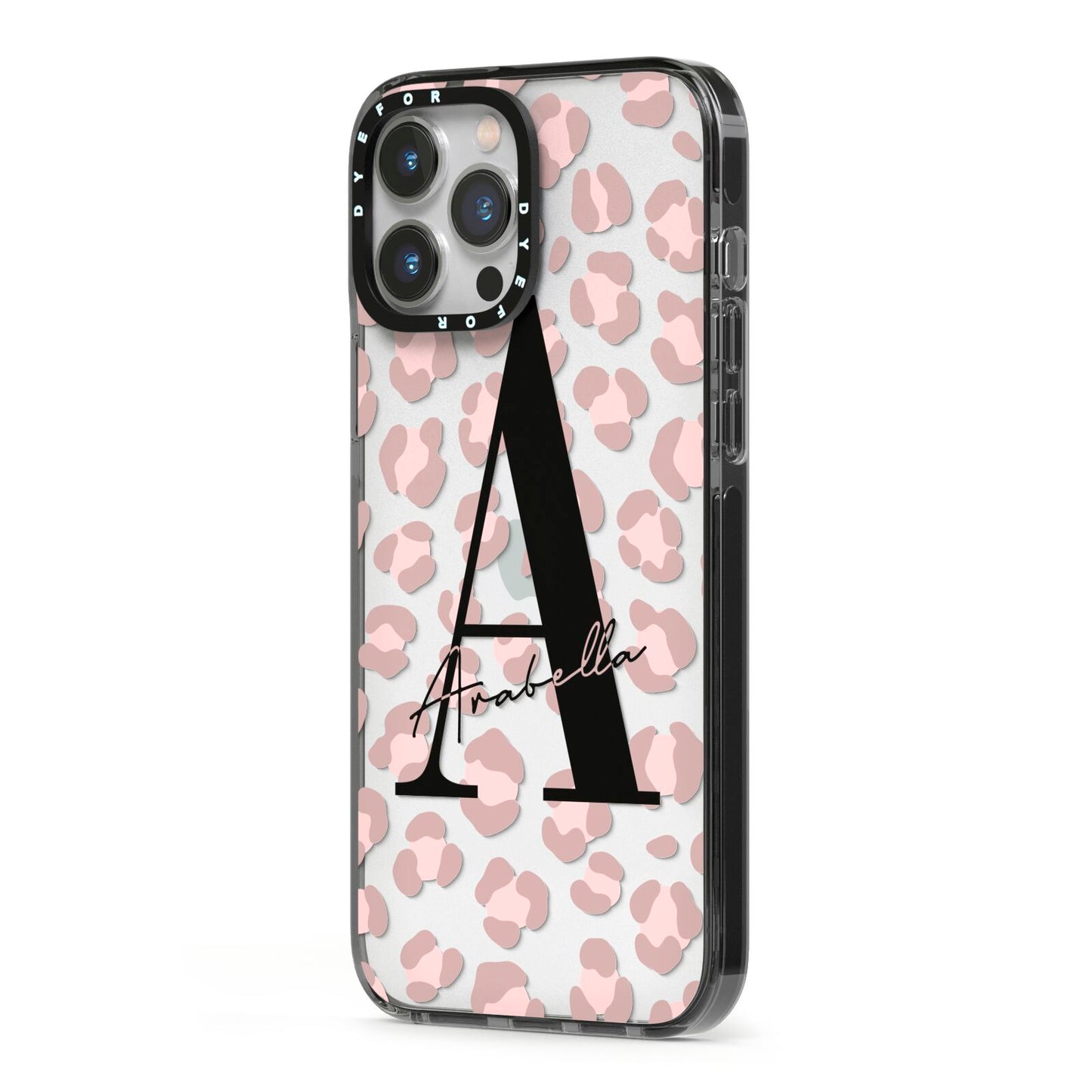 Personalised Nude Pink Leopard iPhone 13 Pro Max Black Impact Case Side Angle on Silver phone