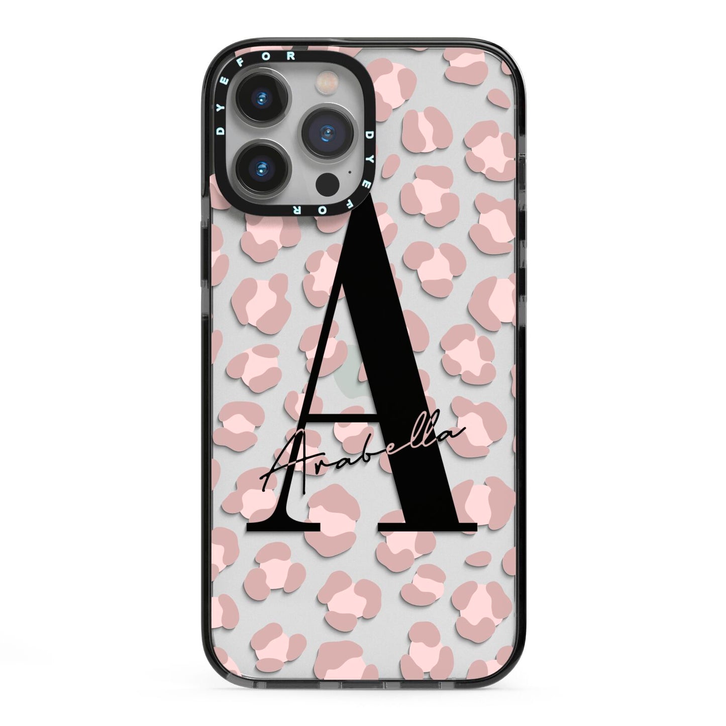Personalised Nude Pink Leopard iPhone 13 Pro Max Black Impact Case on Silver phone