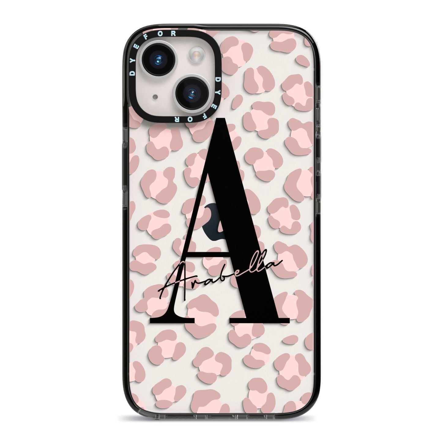 Personalised Nude Pink Leopard iPhone 14 Black Impact Case on Silver phone