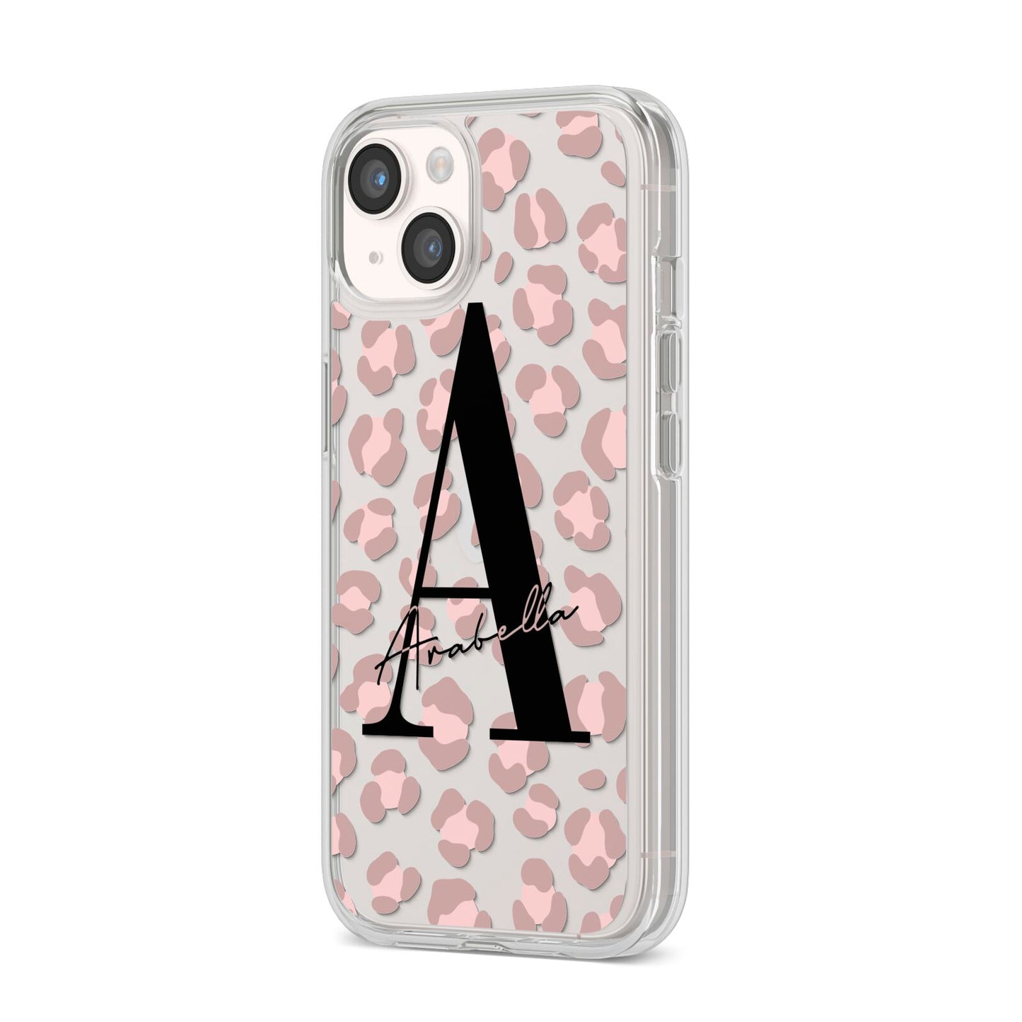 Personalised Nude Pink Leopard iPhone 14 Clear Tough Case Starlight Angled Image