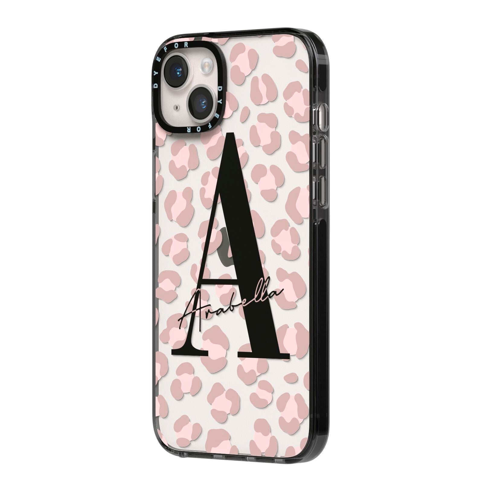 Personalised Nude Pink Leopard iPhone 14 Plus Black Impact Case Side Angle on Silver phone