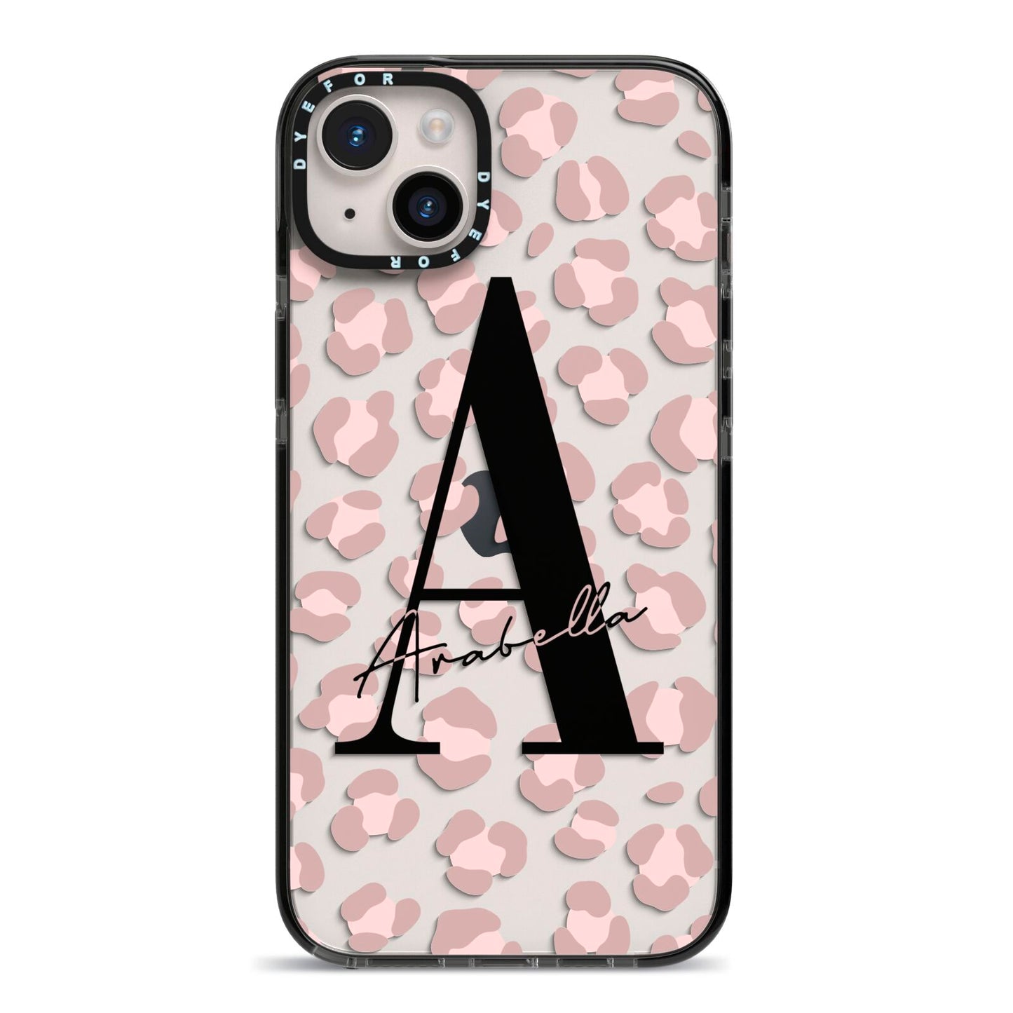 Personalised Nude Pink Leopard iPhone 14 Plus Black Impact Case on Silver phone