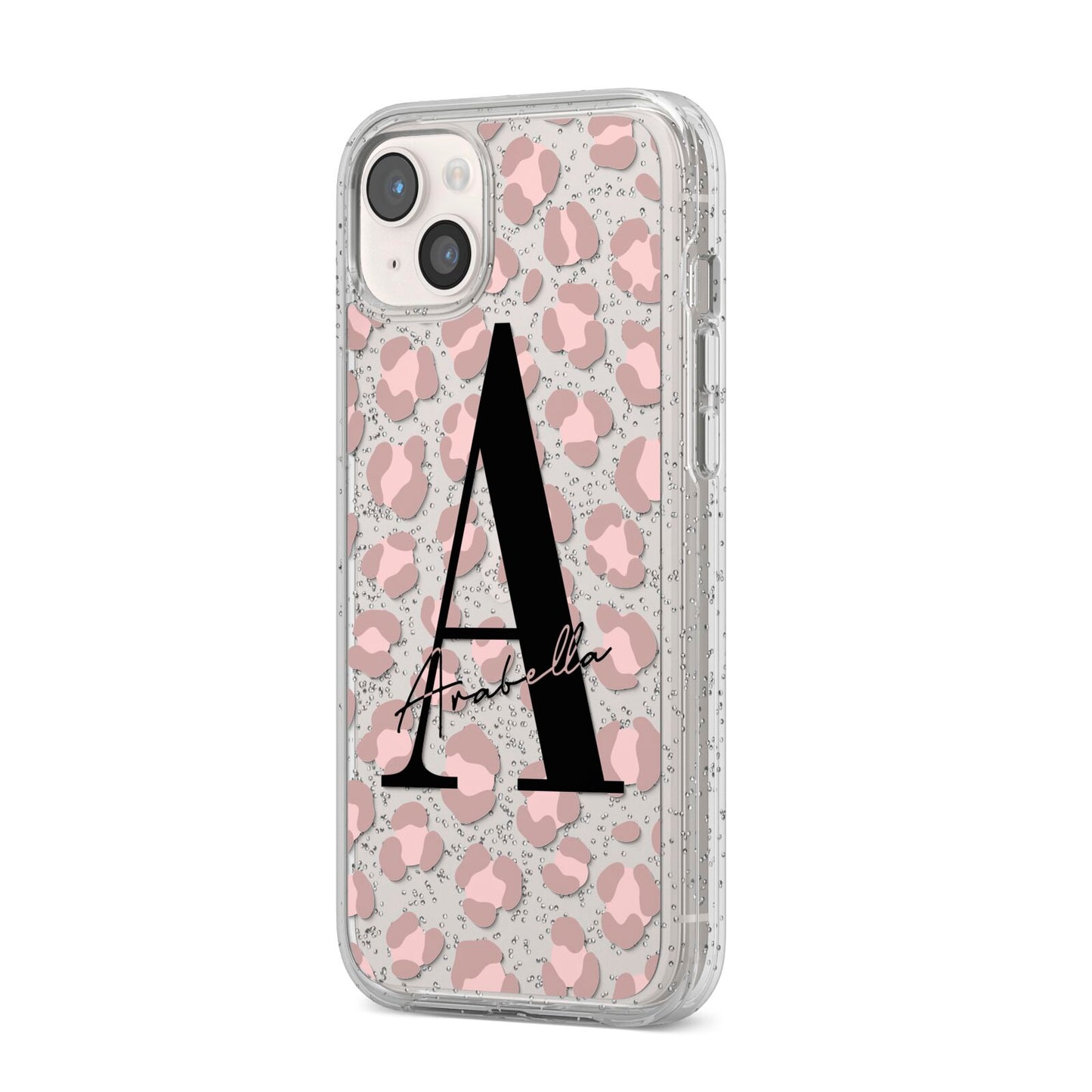 Personalised Nude Pink Leopard iPhone 14 Plus Glitter Tough Case Starlight Angled Image