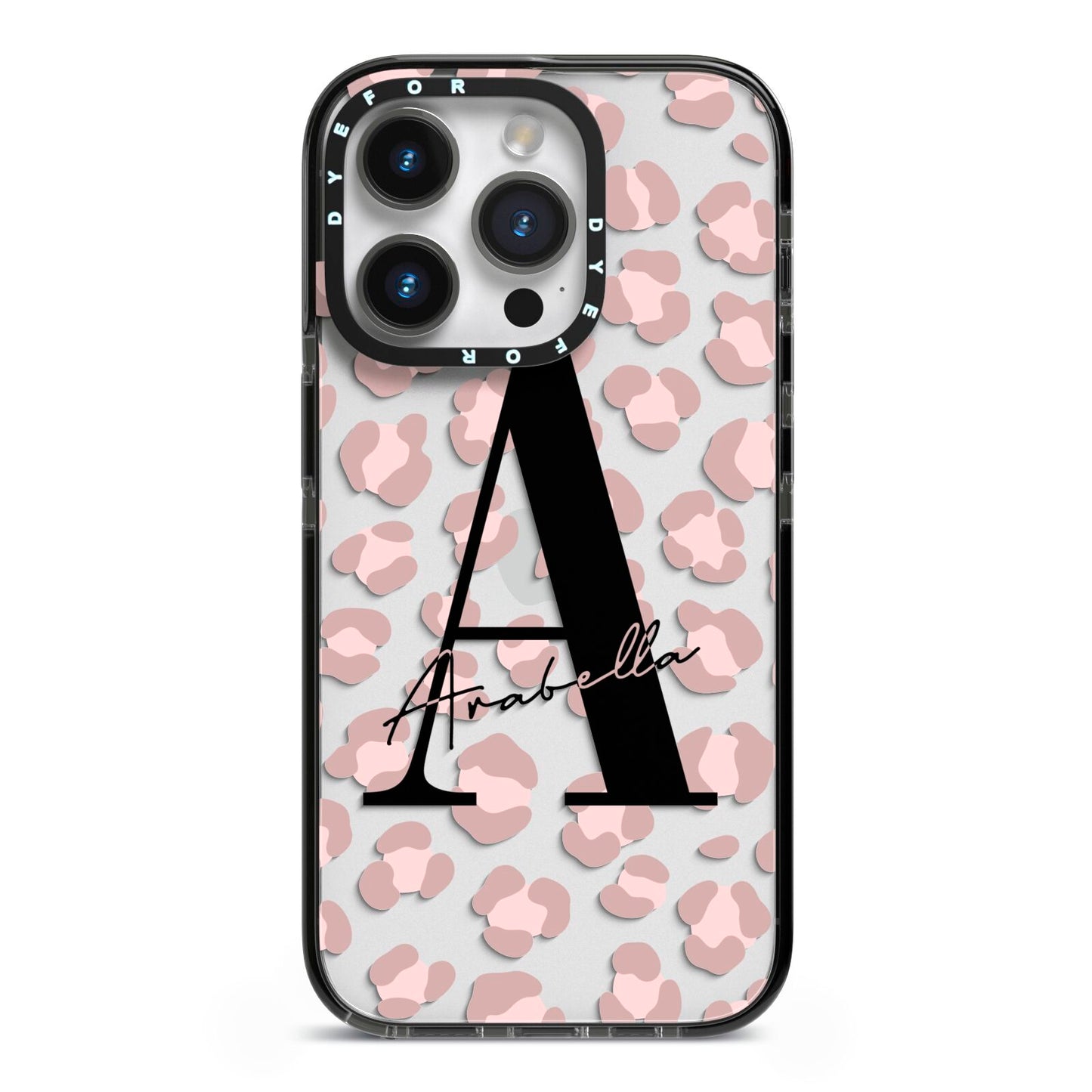 Personalised Nude Pink Leopard iPhone 14 Pro Black Impact Case on Silver phone