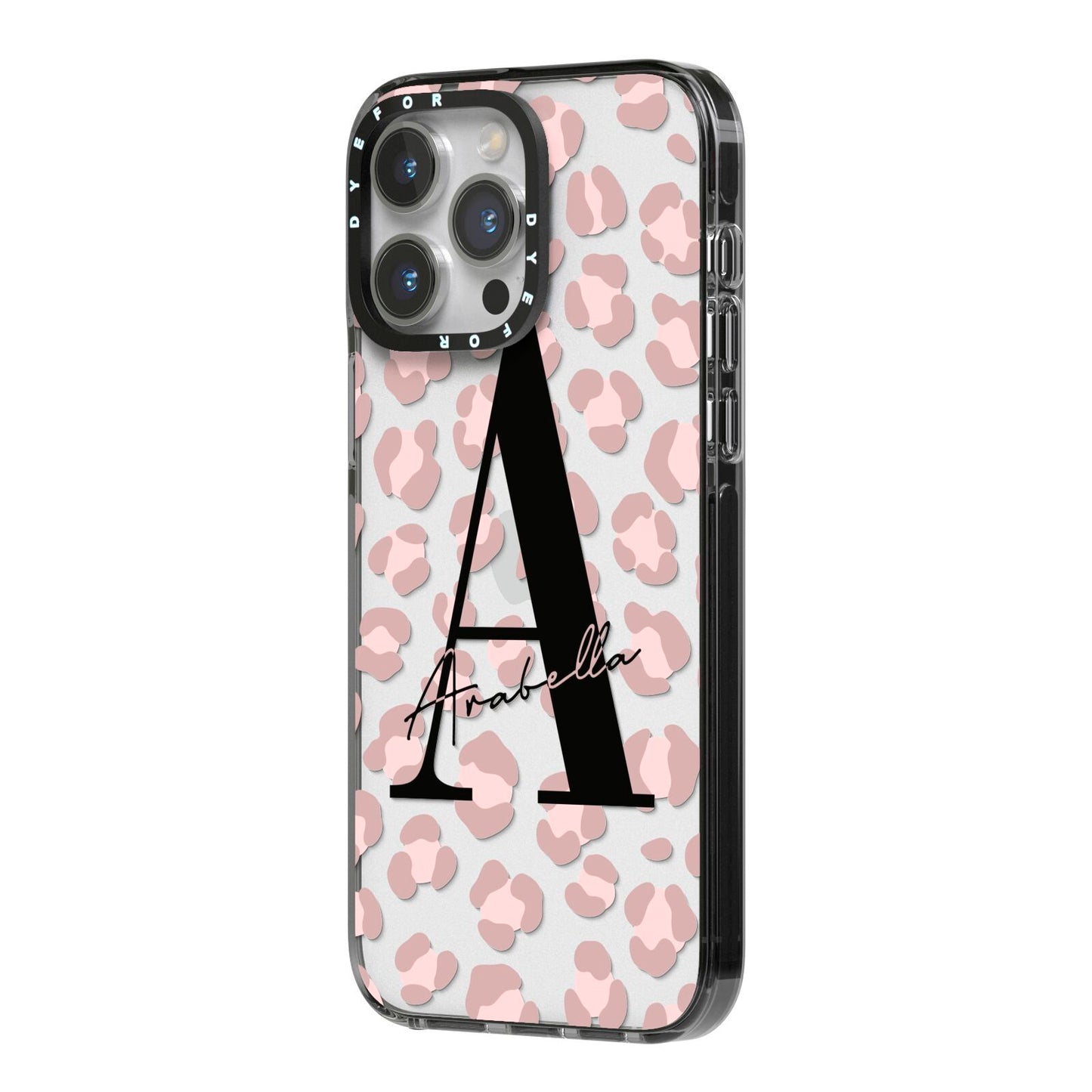 Personalised Nude Pink Leopard iPhone 14 Pro Max Black Impact Case Side Angle on Silver phone