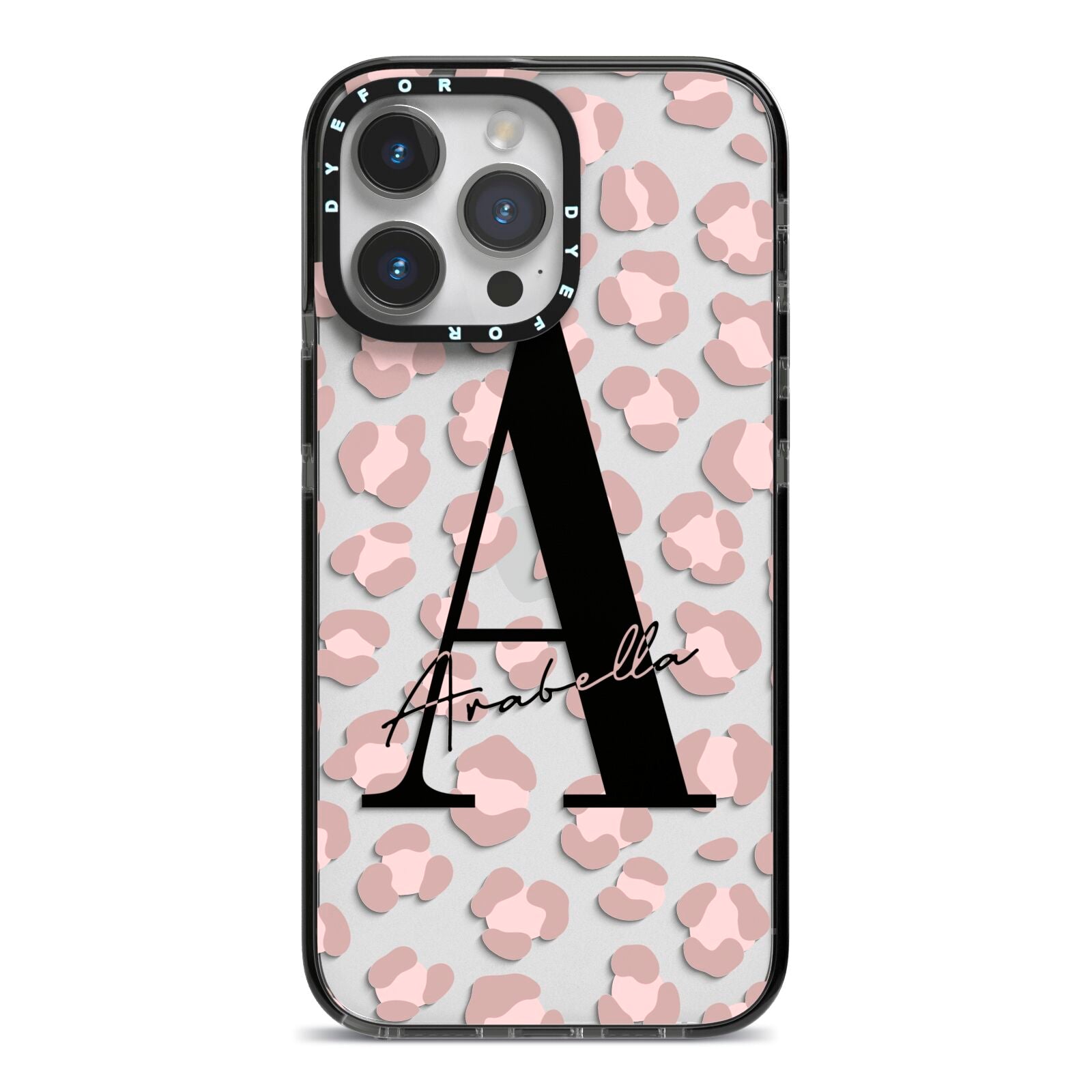 Personalised Nude Pink Leopard iPhone 14 Pro Max Black Impact Case on Silver phone