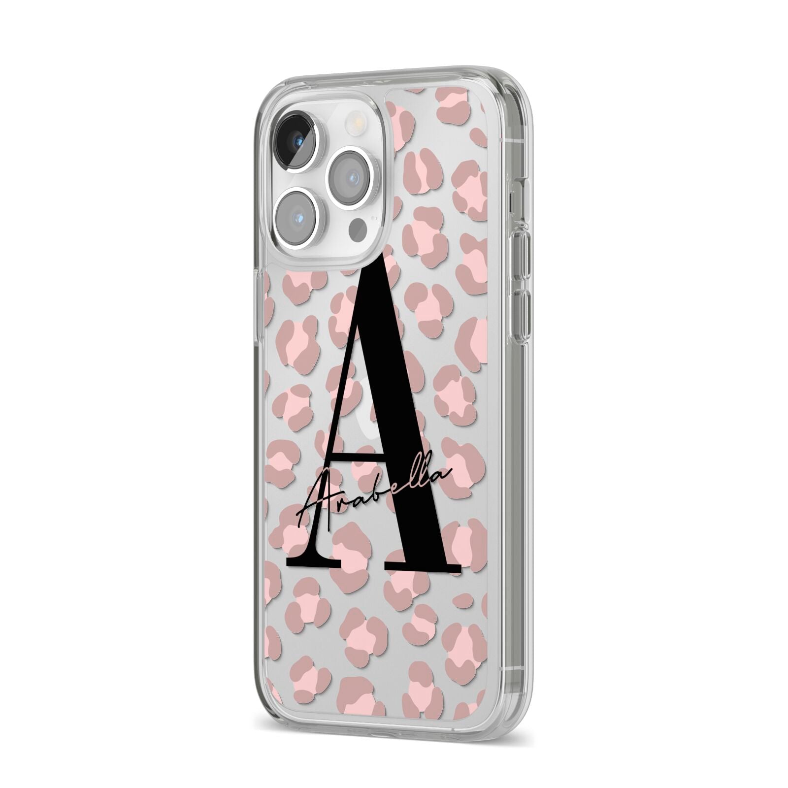 Personalised Nude Pink Leopard iPhone 14 Pro Max Clear Tough Case Silver Angled Image