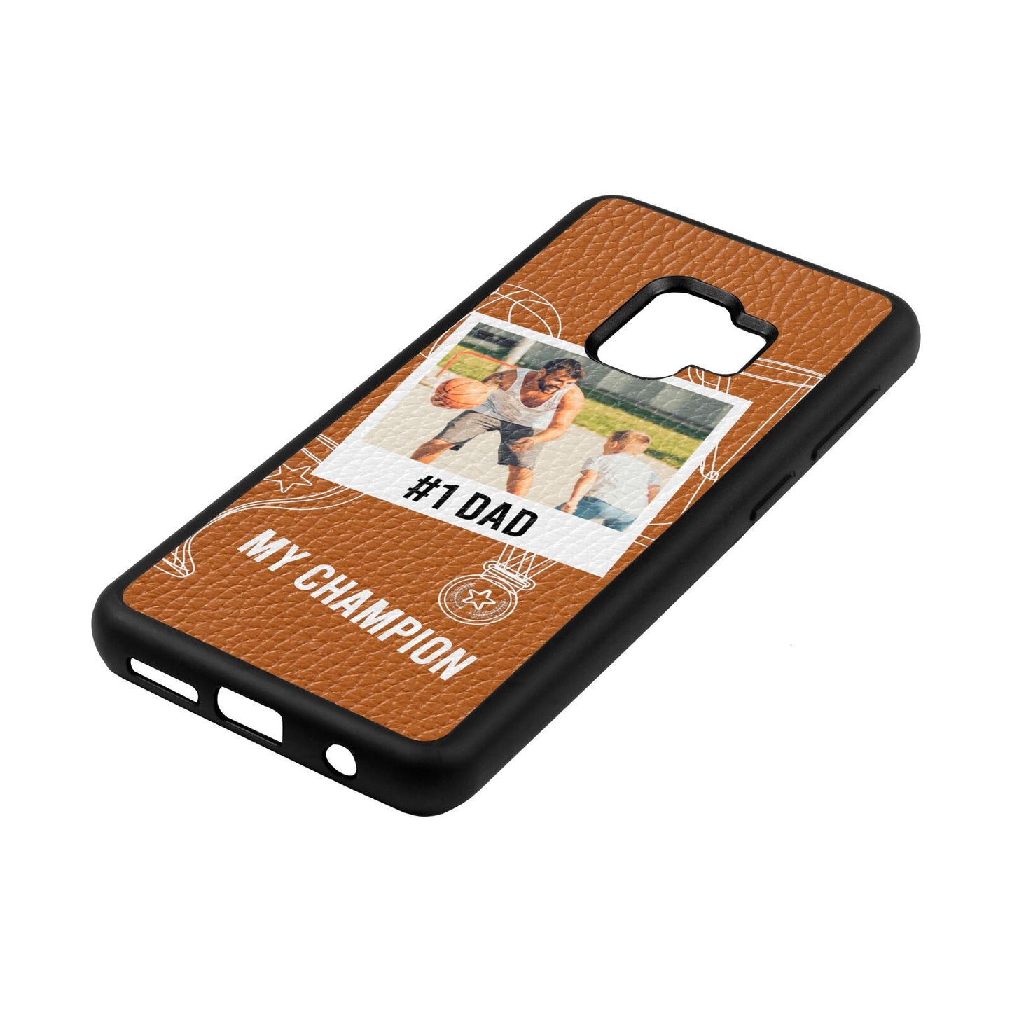 Personalised Number 1 Dad Tan Pebble Leather Samsung S9 Case Side Angle