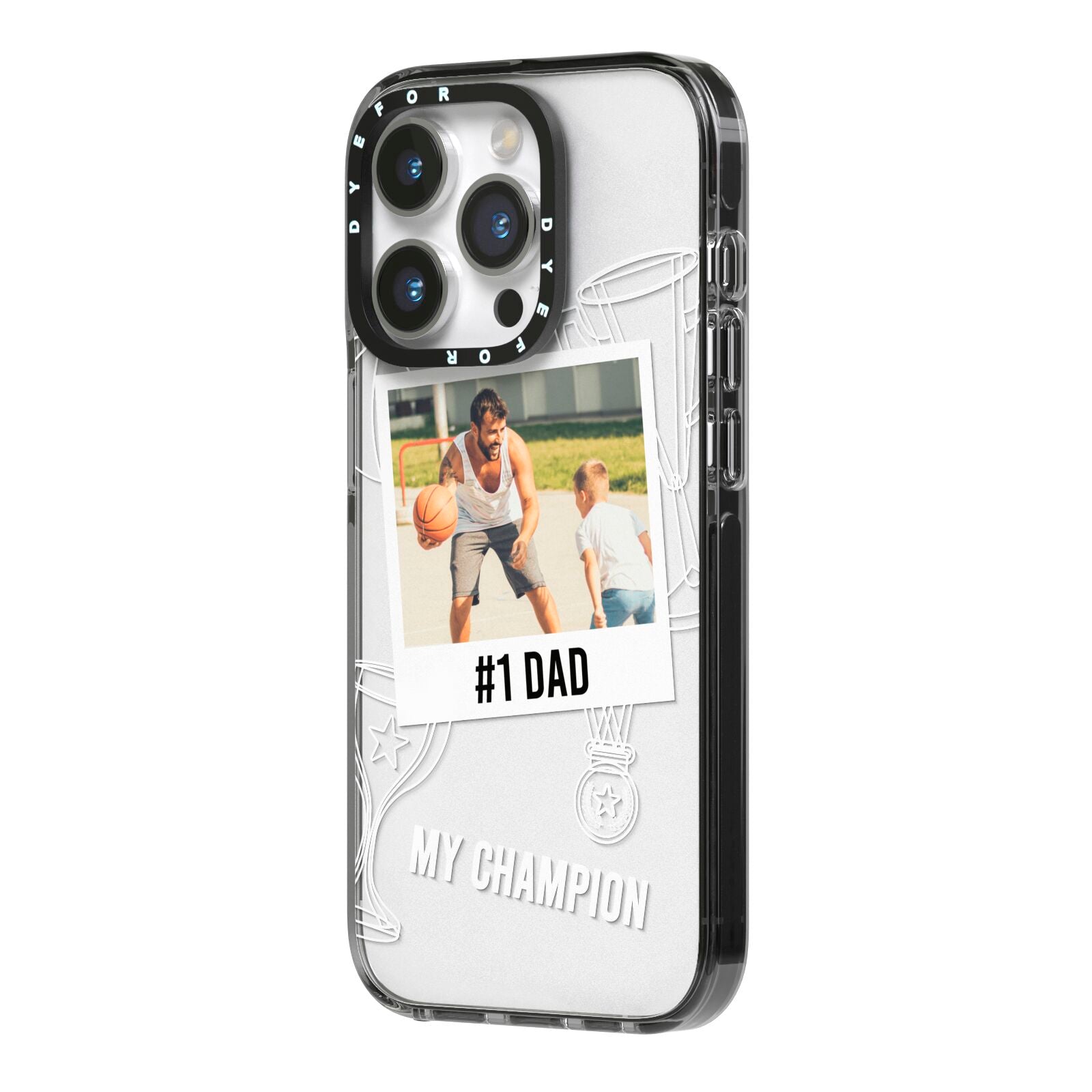 Personalised Number 1 Dad iPhone 14 Pro Black Impact Case Side Angle on Silver phone