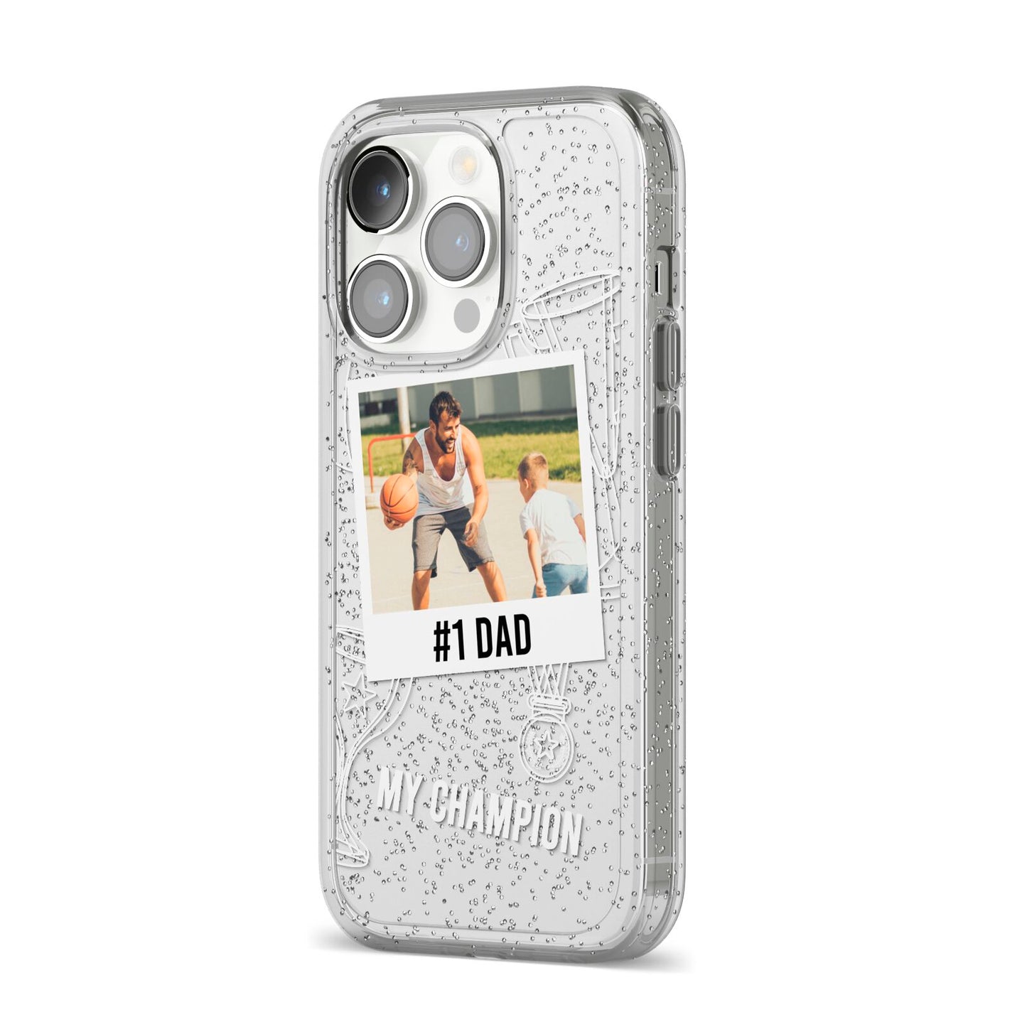 Personalised Number 1 Dad iPhone 14 Pro Glitter Tough Case Silver Angled Image