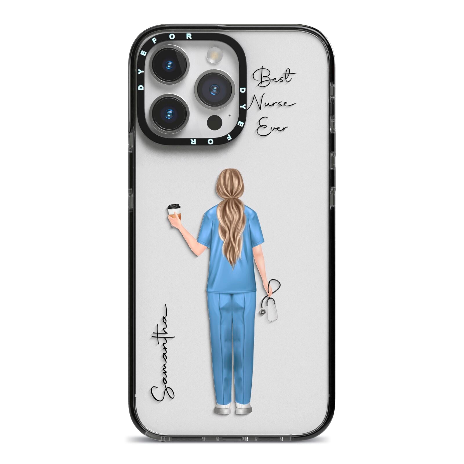 Personalised Nurse iPhone 14 Pro Max Black Impact Case on Silver phone
