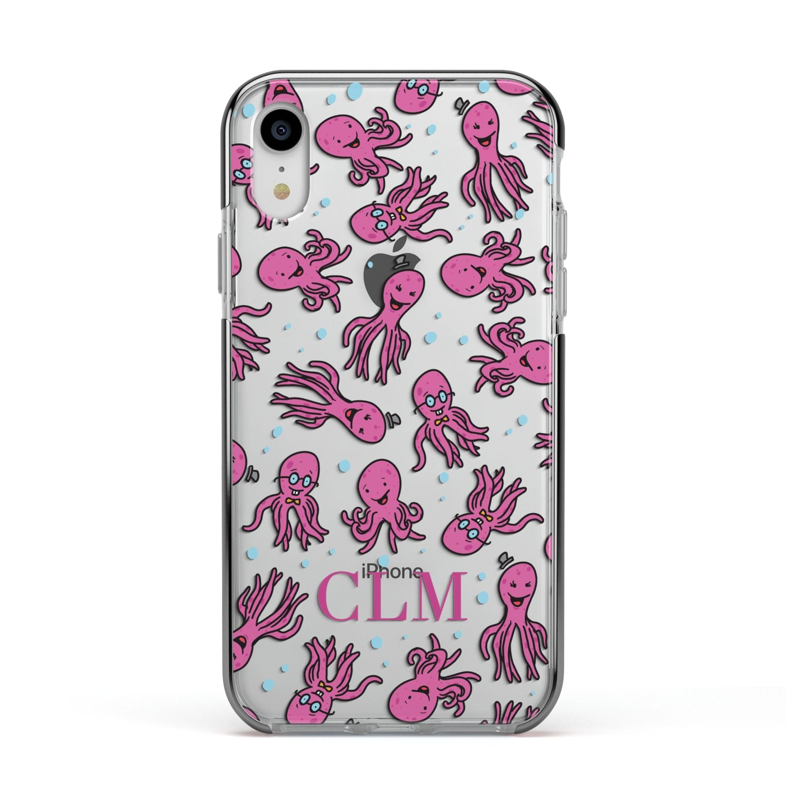 Personalised Octopus Initials Apple iPhone XR Impact Case Black Edge on Silver Phone