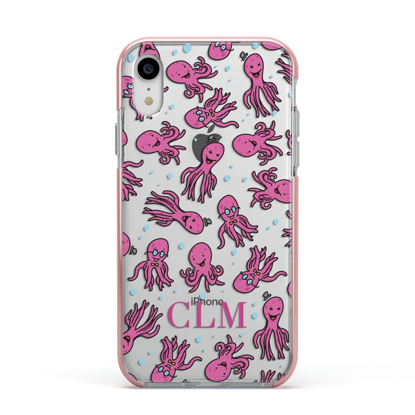 Personalised Octopus Initials Apple iPhone XR Impact Case Pink Edge on Silver Phone