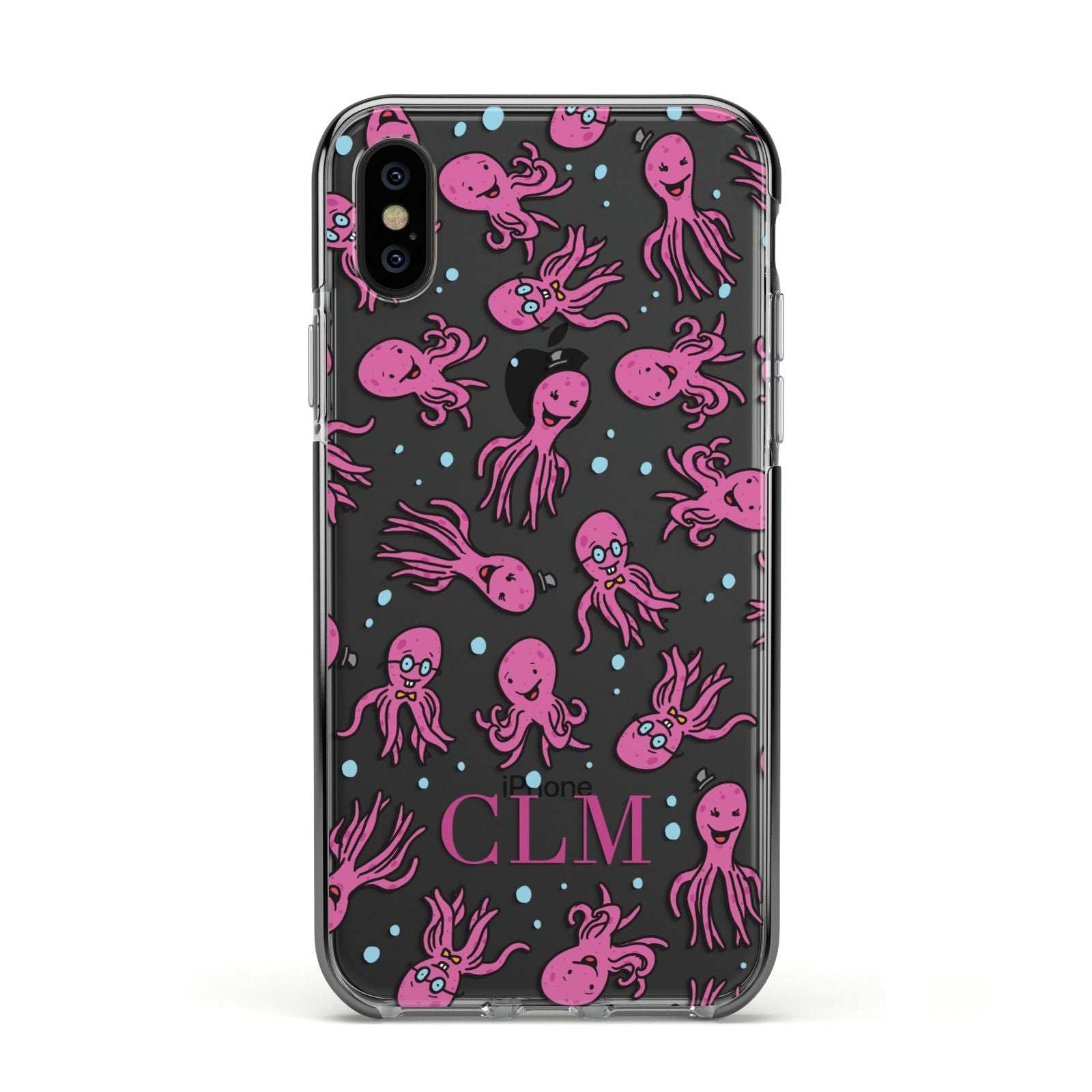 Personalised Octopus Initials Apple iPhone Xs Impact Case Black Edge on Black Phone
