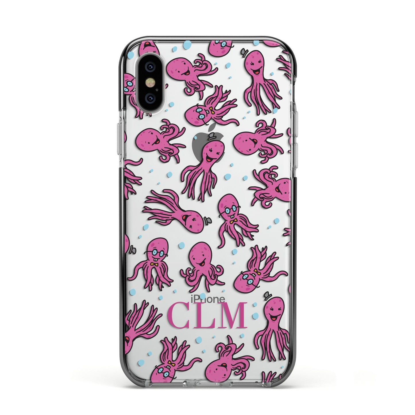 Personalised Octopus Initials Apple iPhone Xs Impact Case Black Edge on Silver Phone