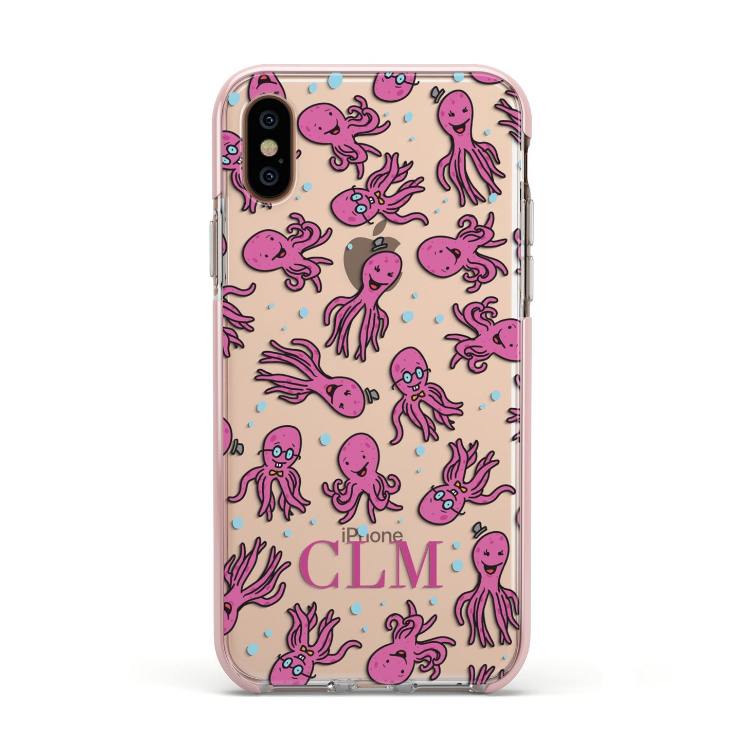Personalised Octopus Initials Apple iPhone Xs Impact Case Pink Edge on Gold Phone