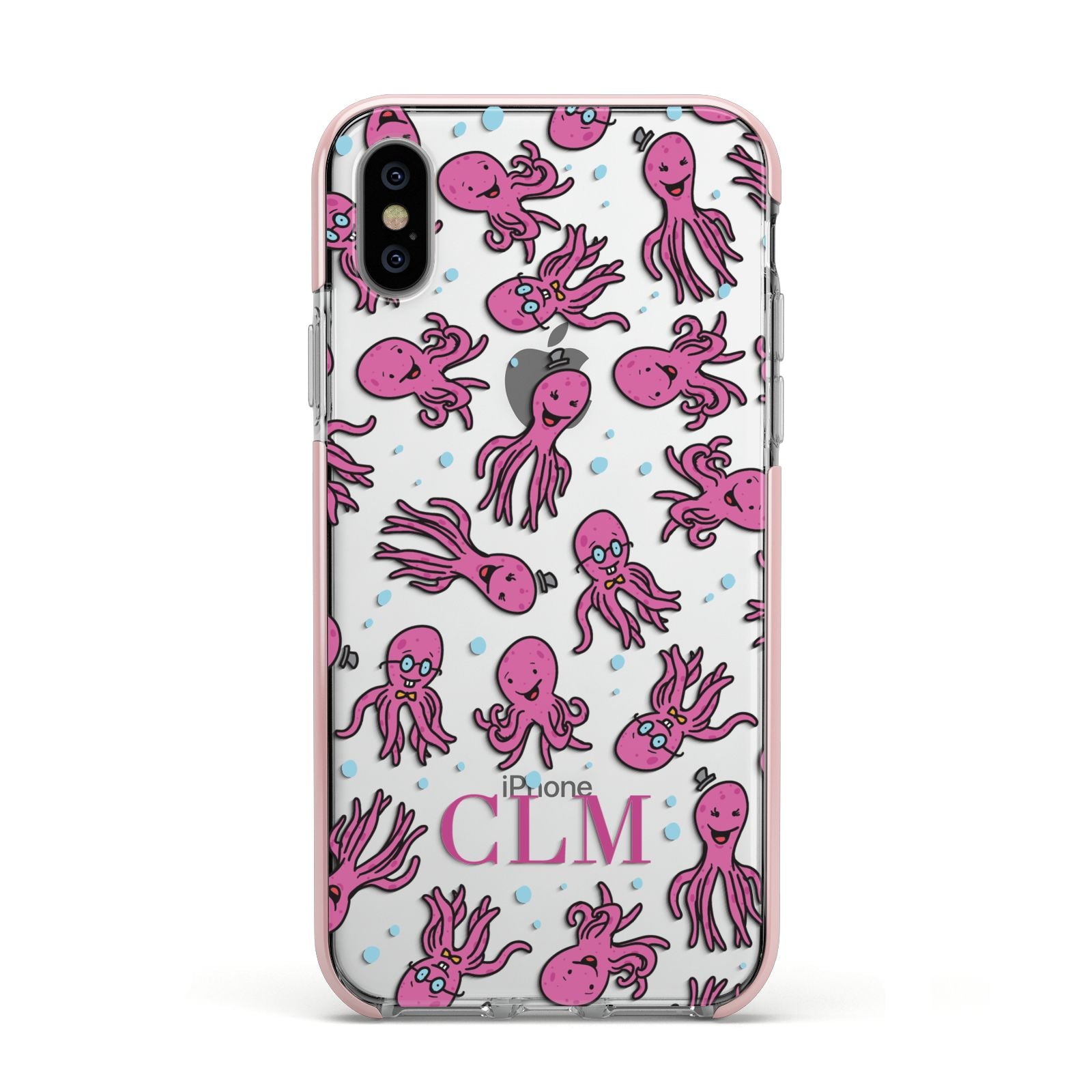 Personalised Octopus Initials Apple iPhone Xs Impact Case Pink Edge on Silver Phone