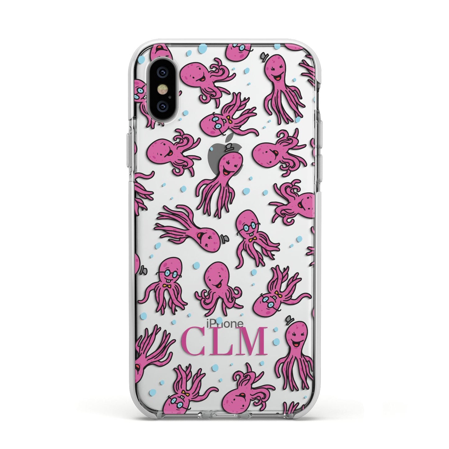 Personalised Octopus Initials Apple iPhone Xs Impact Case White Edge on Silver Phone
