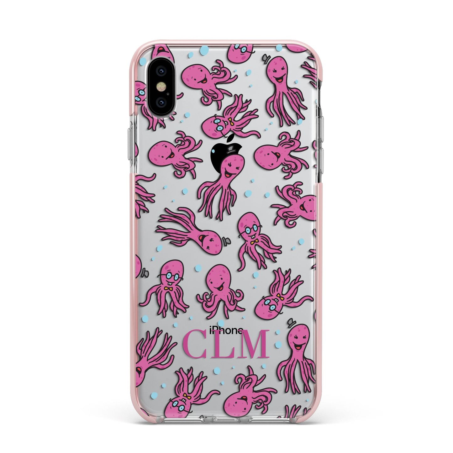 Personalised Octopus Initials Apple iPhone Xs Max Impact Case Pink Edge on Silver Phone