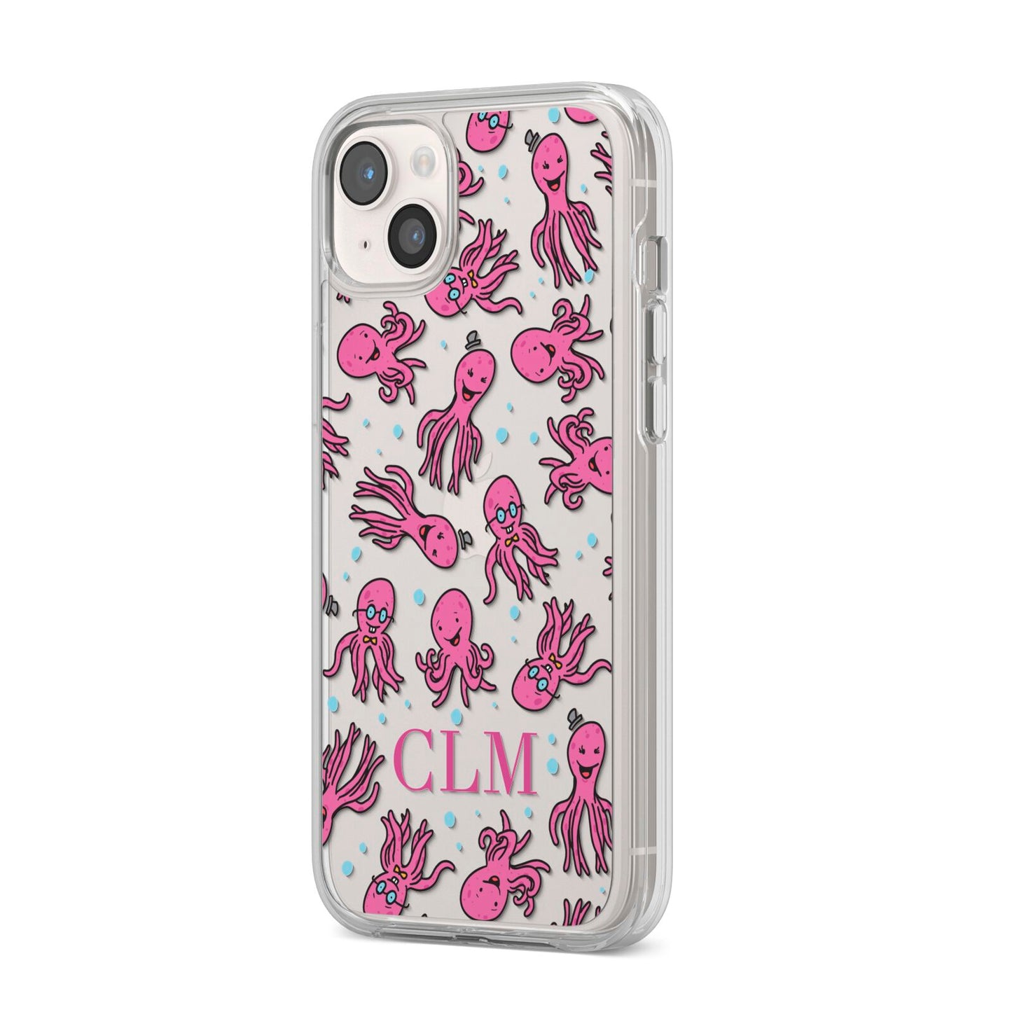 Personalised Octopus Initials iPhone 14 Plus Clear Tough Case Starlight Angled Image