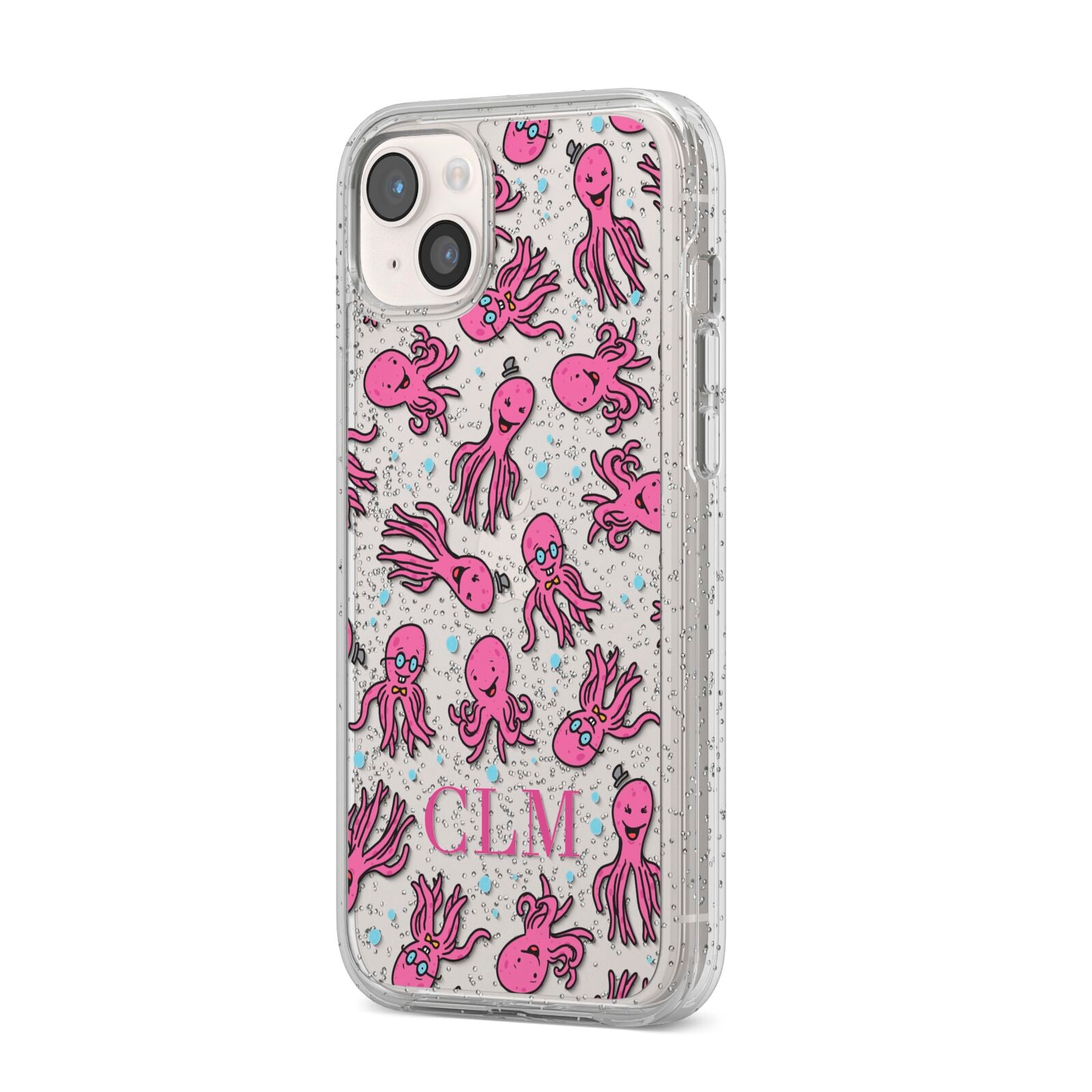 Personalised Octopus Initials iPhone 14 Plus Glitter Tough Case Starlight Angled Image