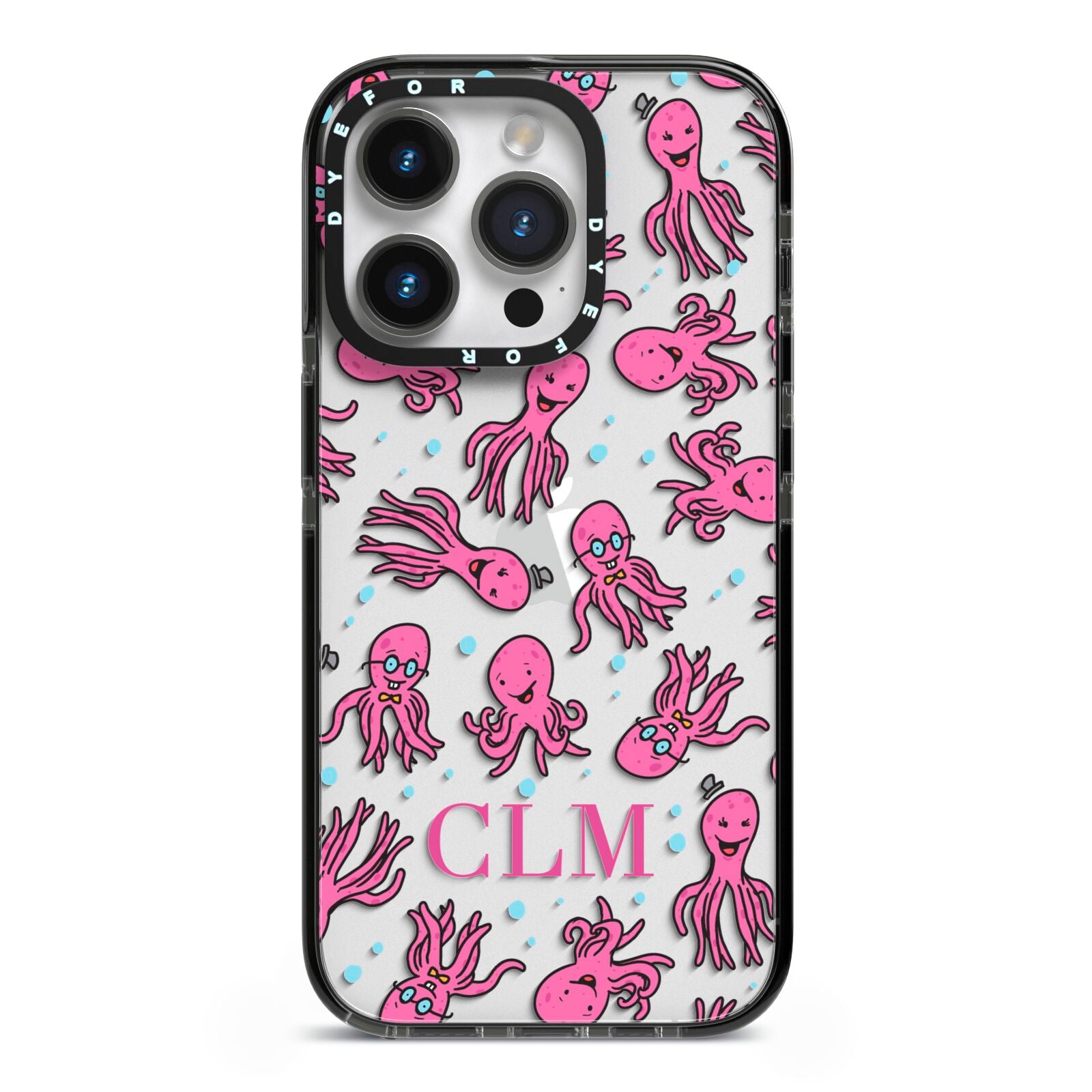 Personalised Octopus Initials iPhone 14 Pro Black Impact Case on Silver phone