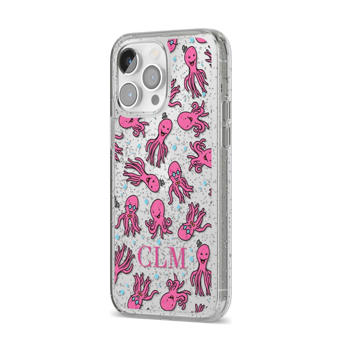 Personalised Octopus Initials iPhone 14 Pro Max Glitter Tough Case Silver Angled Image