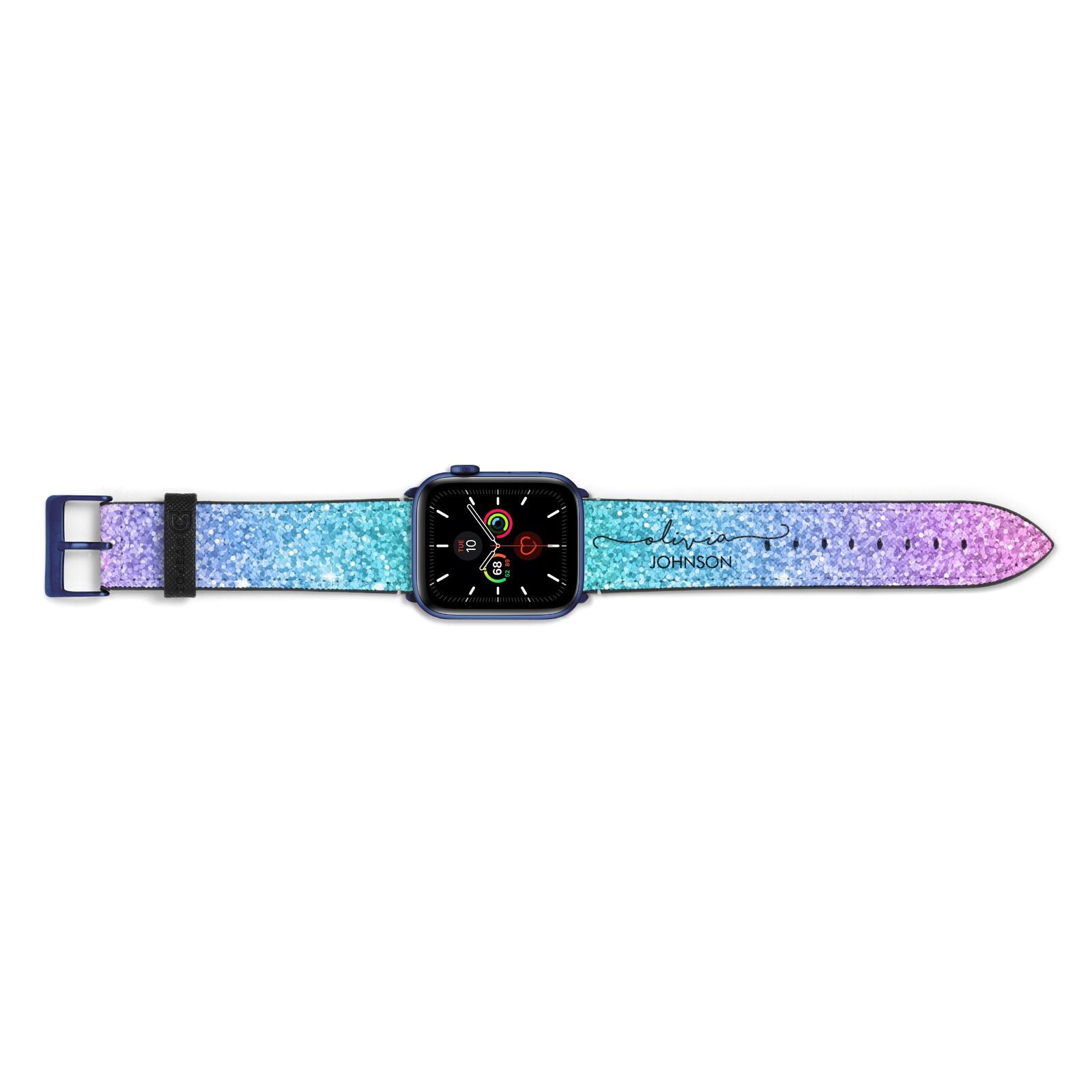 Personalised Ombre Glitter with Names Apple Watch Strap Landscape Image Blue Hardware
