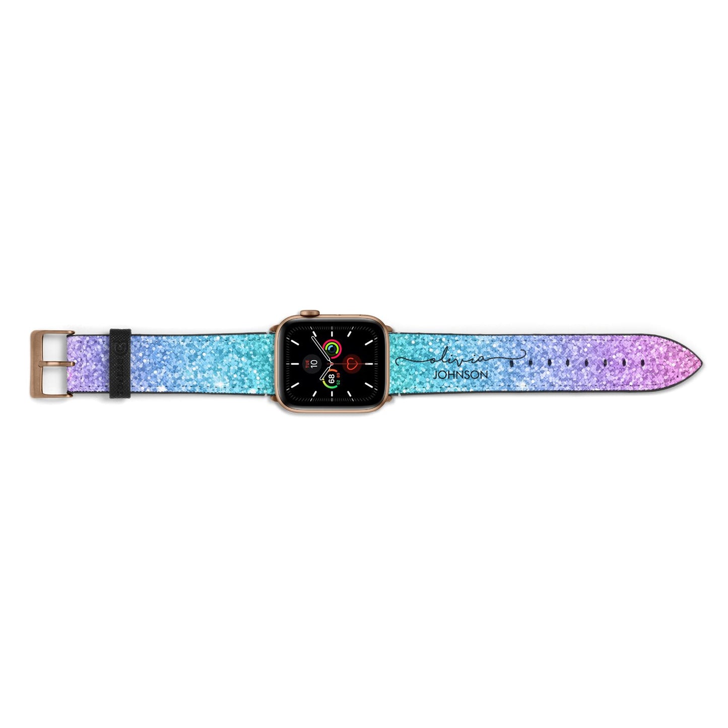 Personalised Ombre Glitter with Names Apple Watch Strap Landscape Image Gold Hardware