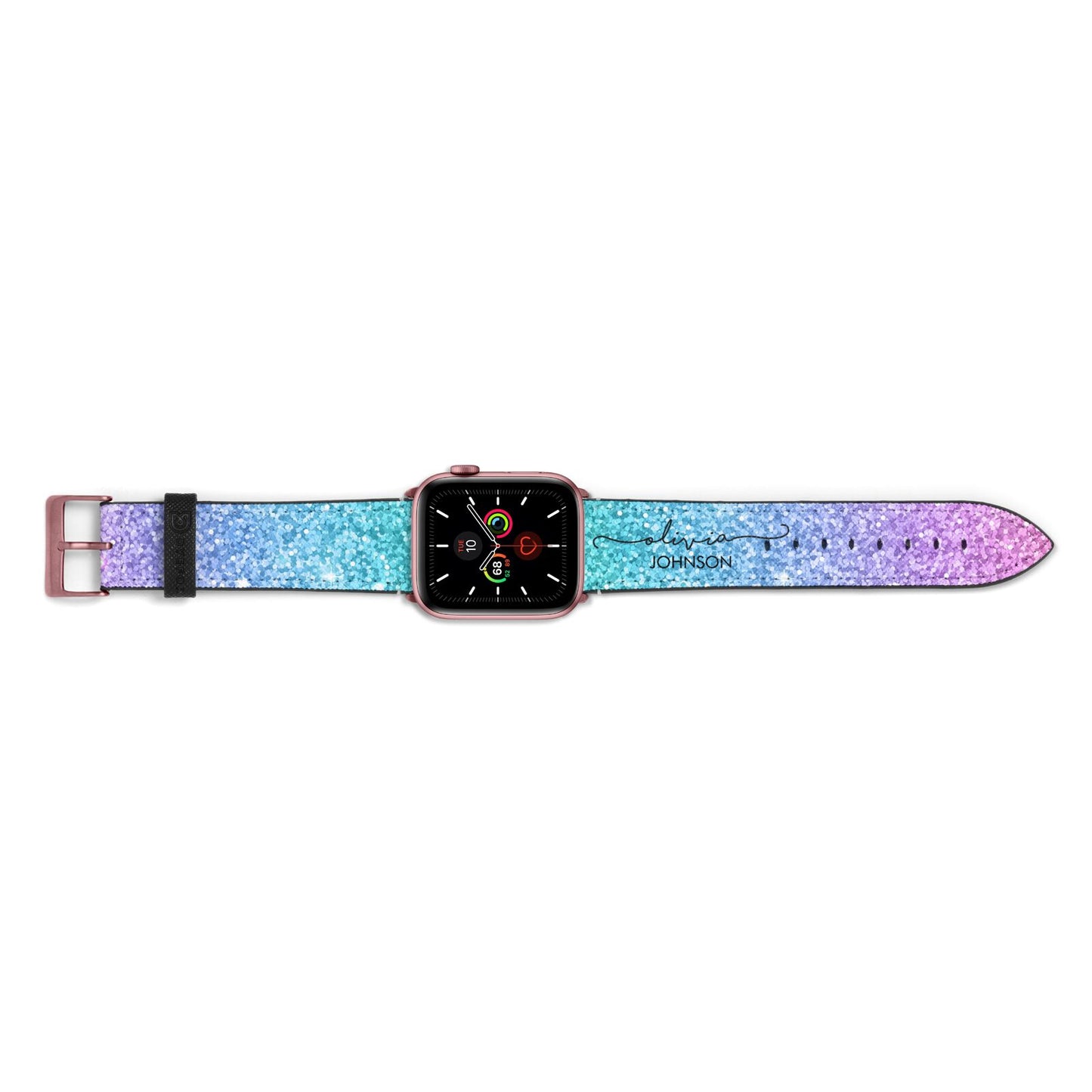 Personalised Ombre Glitter with Names Apple Watch Strap Landscape Image Rose Gold Hardware