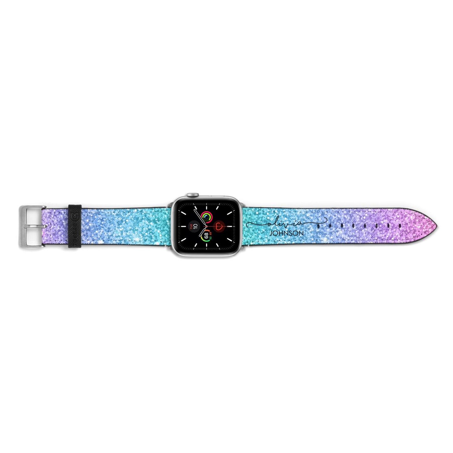 Personalised Ombre Glitter with Names Apple Watch Strap Landscape Image Silver Hardware
