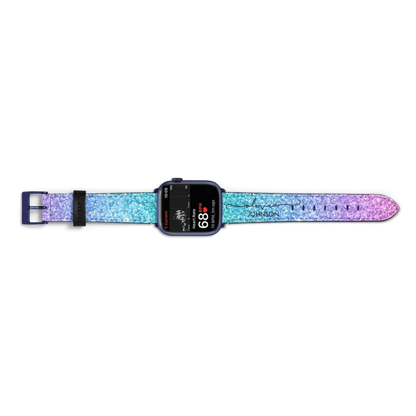 Personalised Ombre Glitter with Names Apple Watch Strap Size 38mm Landscape Image Blue Hardware