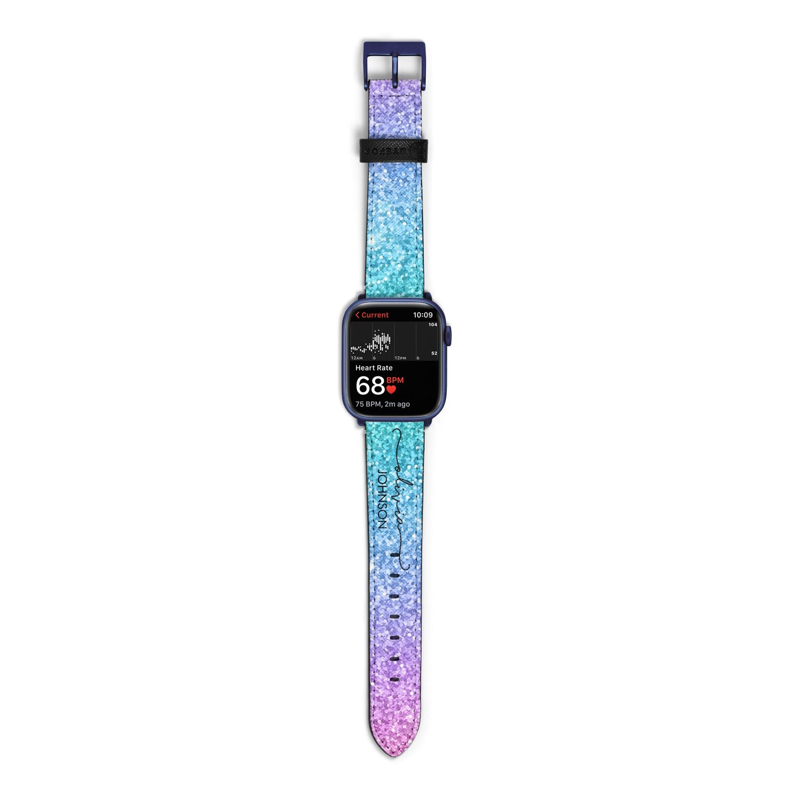 Personalised Ombre Glitter with Names Apple Watch Strap Size 38mm with Blue Hardware