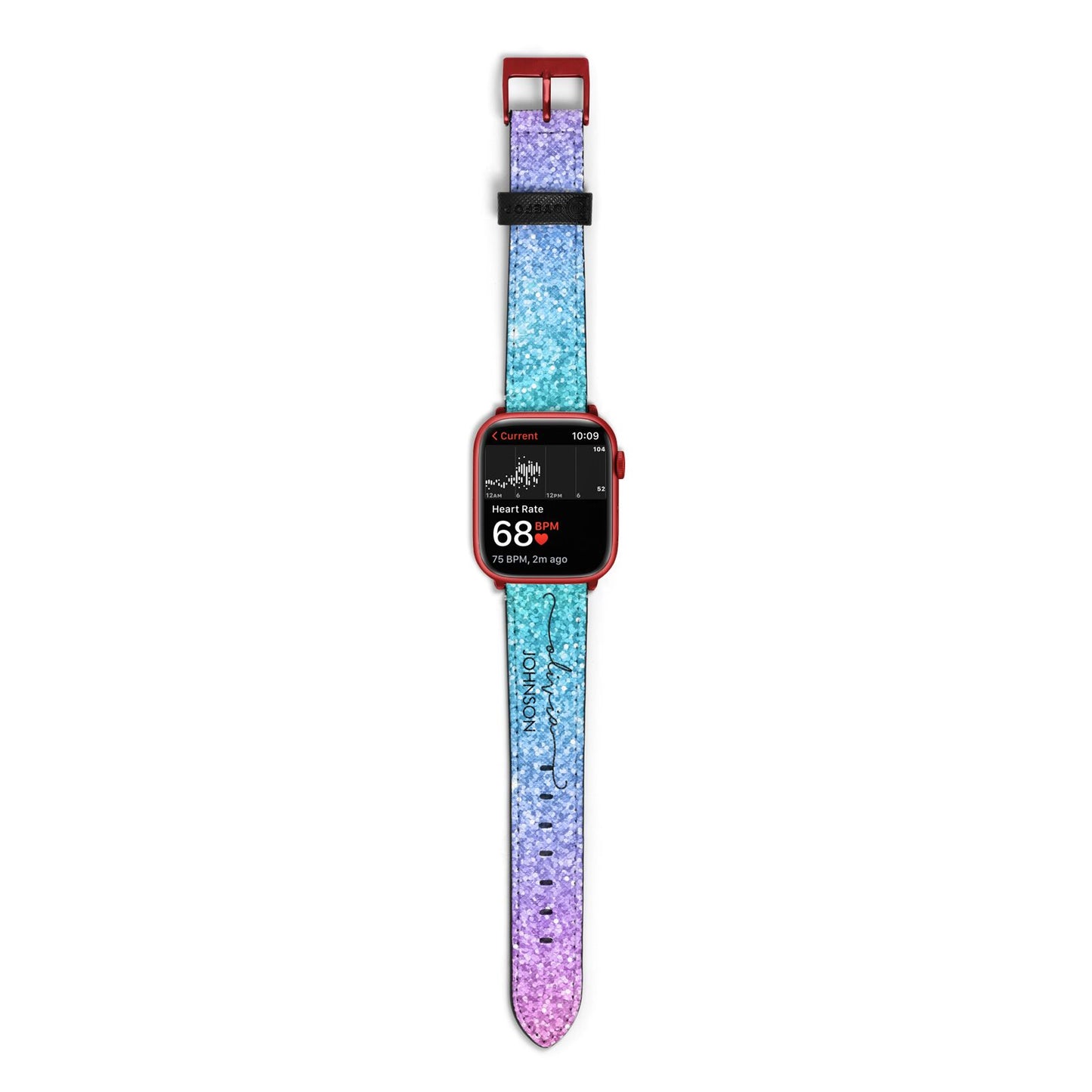 Personalised Ombre Glitter with Names Apple Watch Strap Size 38mm with Red Hardware