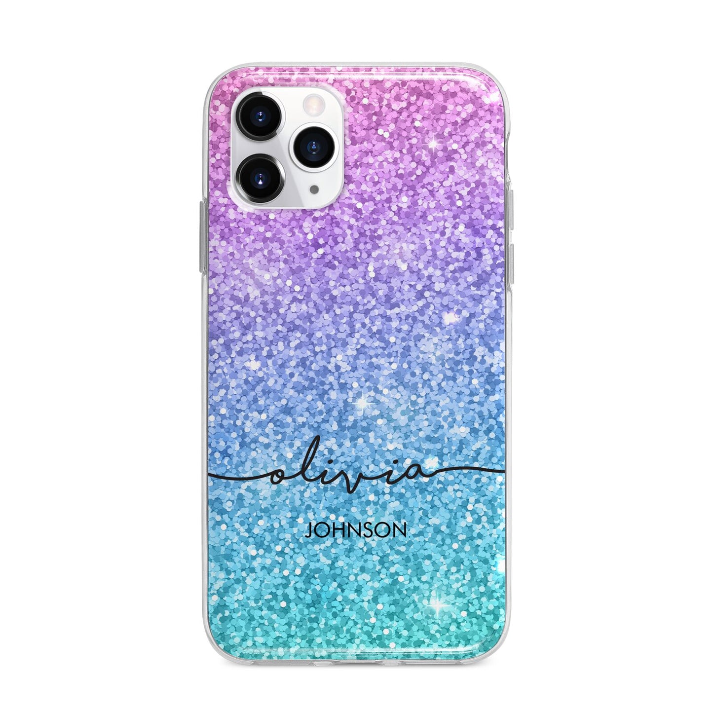 Personalised Ombre Glitter with Names Apple iPhone 11 Pro Max in Silver with Bumper Case