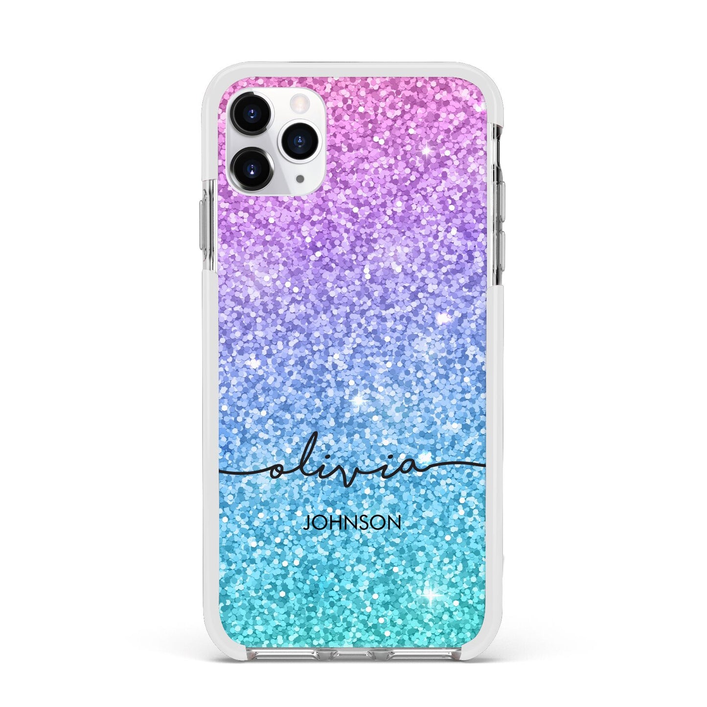 Personalised Ombre Glitter with Names Apple iPhone 11 Pro Max in Silver with White Impact Case