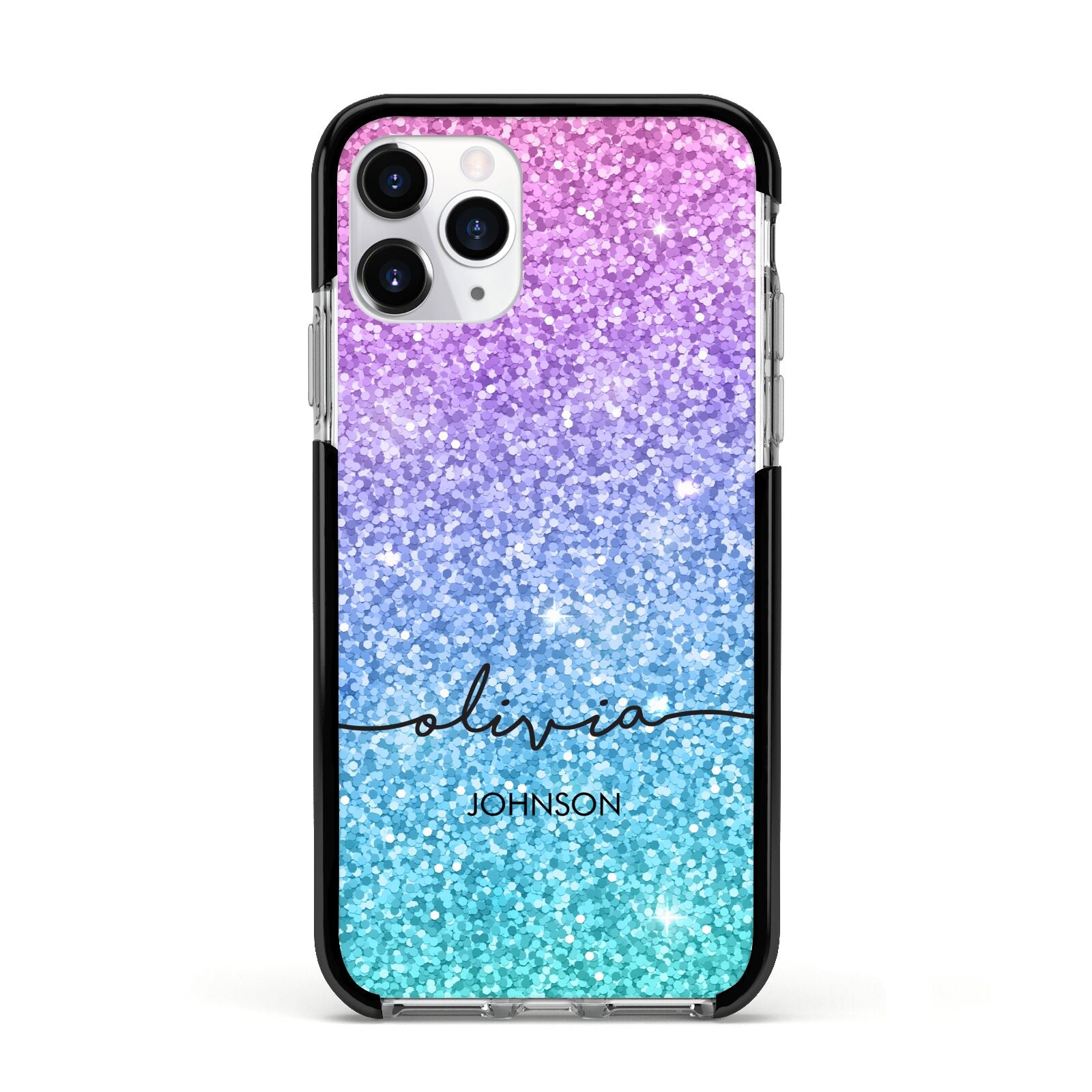 Personalised Ombre Glitter with Names Apple iPhone 11 Pro in Silver with Black Impact Case