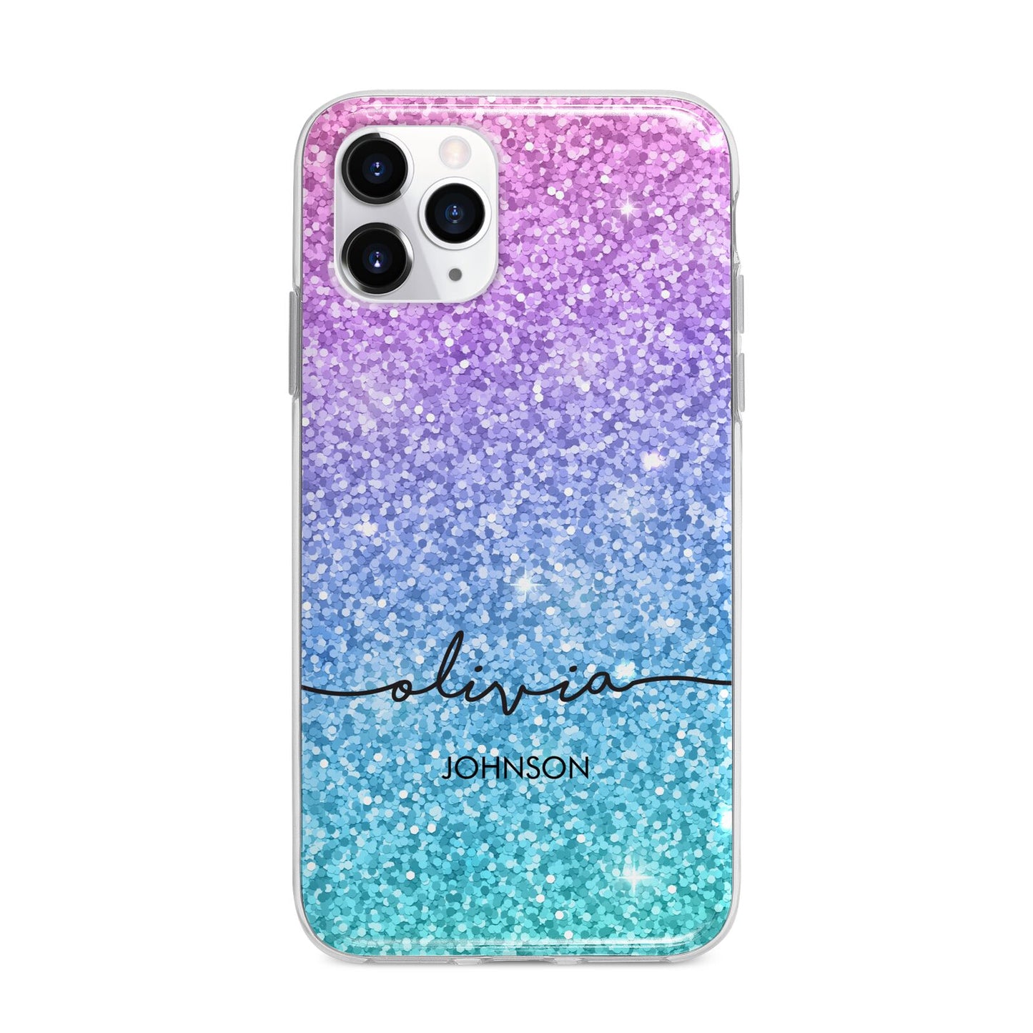 Personalised Ombre Glitter with Names Apple iPhone 11 Pro in Silver with Bumper Case