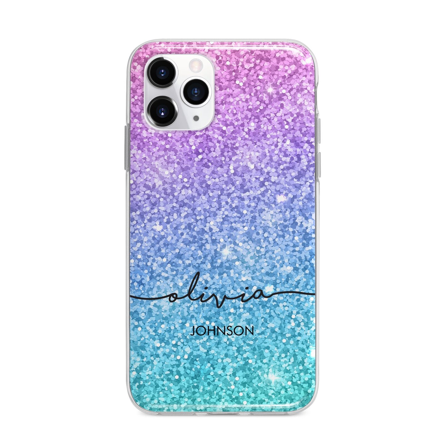 Personalised Ombre Glitter with Names Apple iPhone 11 Pro in Silver with Bumper Case